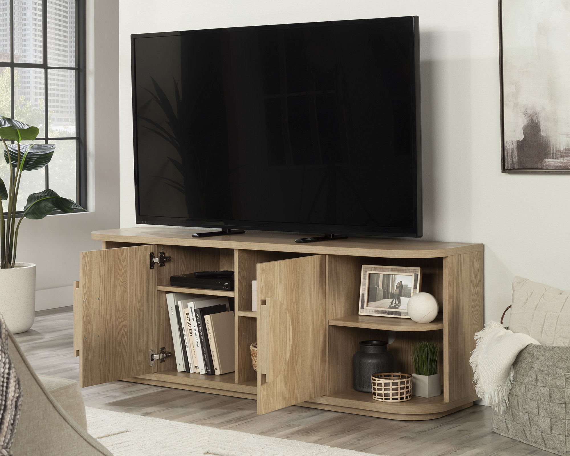 Modern TV Credenza with Doors in Harmony Ash