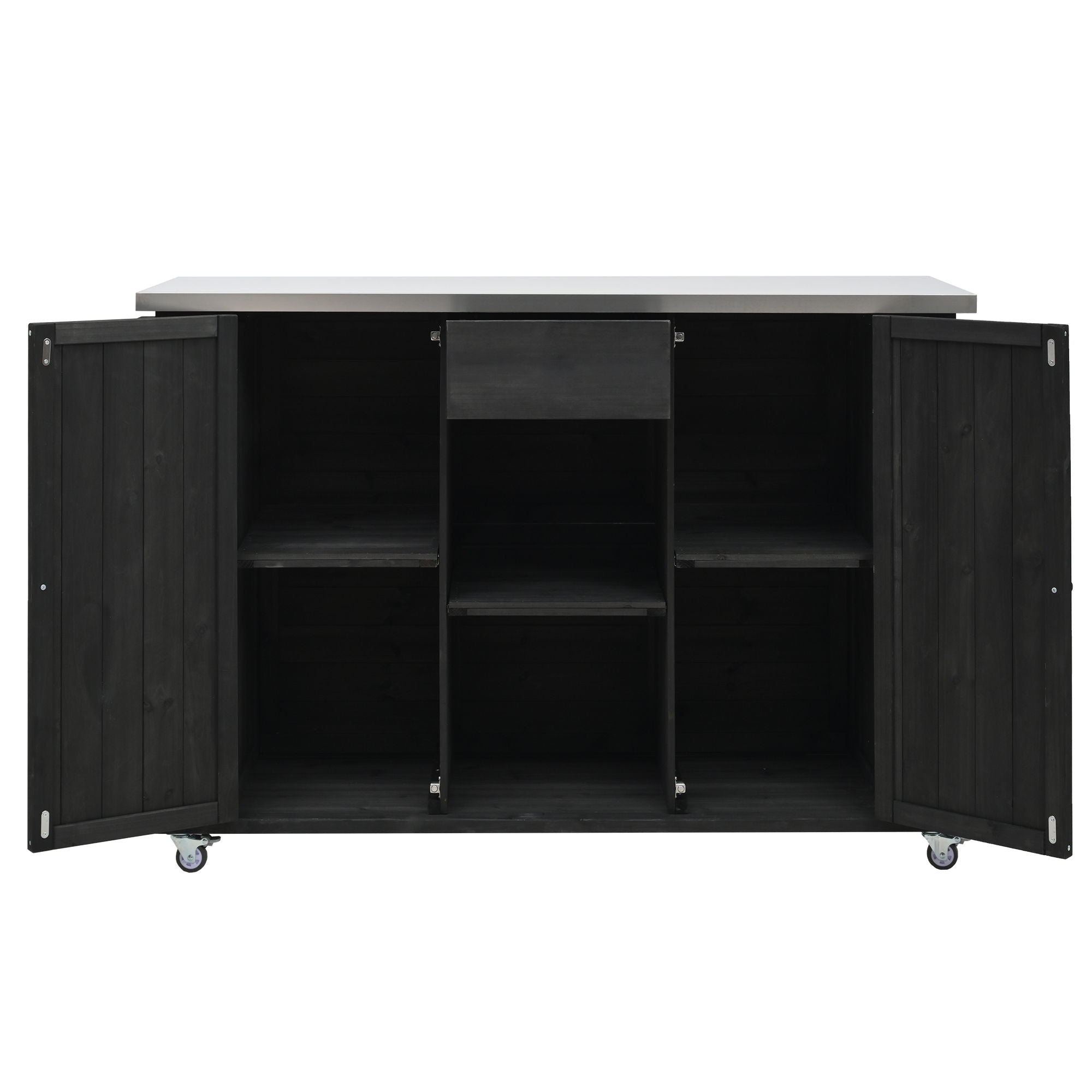 Outdoor Kitchen Island With Stainless Steel Top, Ample Storage Space, Towel And Spice Racks And A Bottle Opener