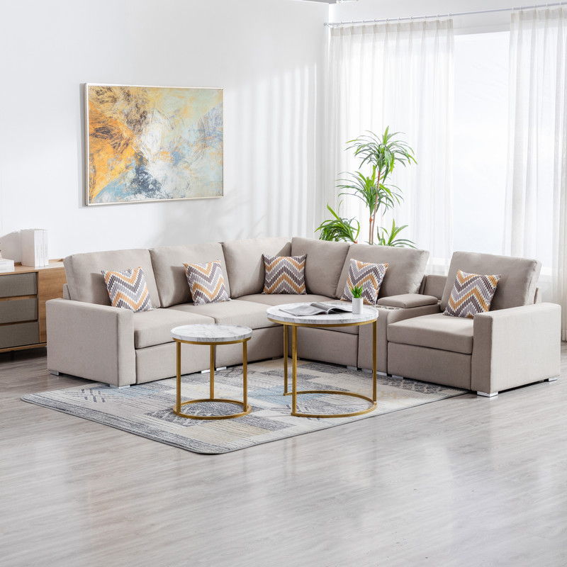 Nolan 106"W Beige Linen Fabric 6Pc Reversible Sectional Sofa with a USB, Charging Ports, Cupholders, Storage Console Table and Pillows and Interchangeable Legs