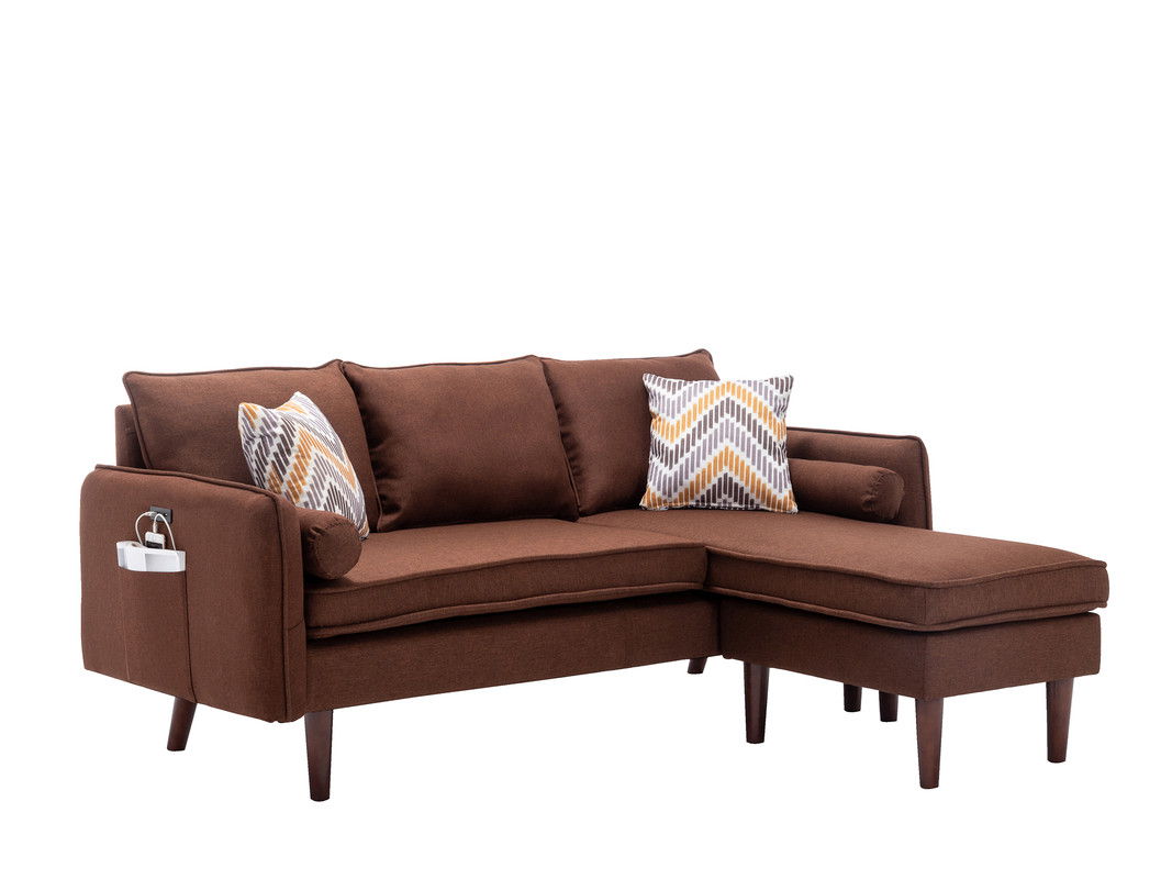 Mia 70"W Brown Sectional Sofa Chaise with USB Charger & Pillows