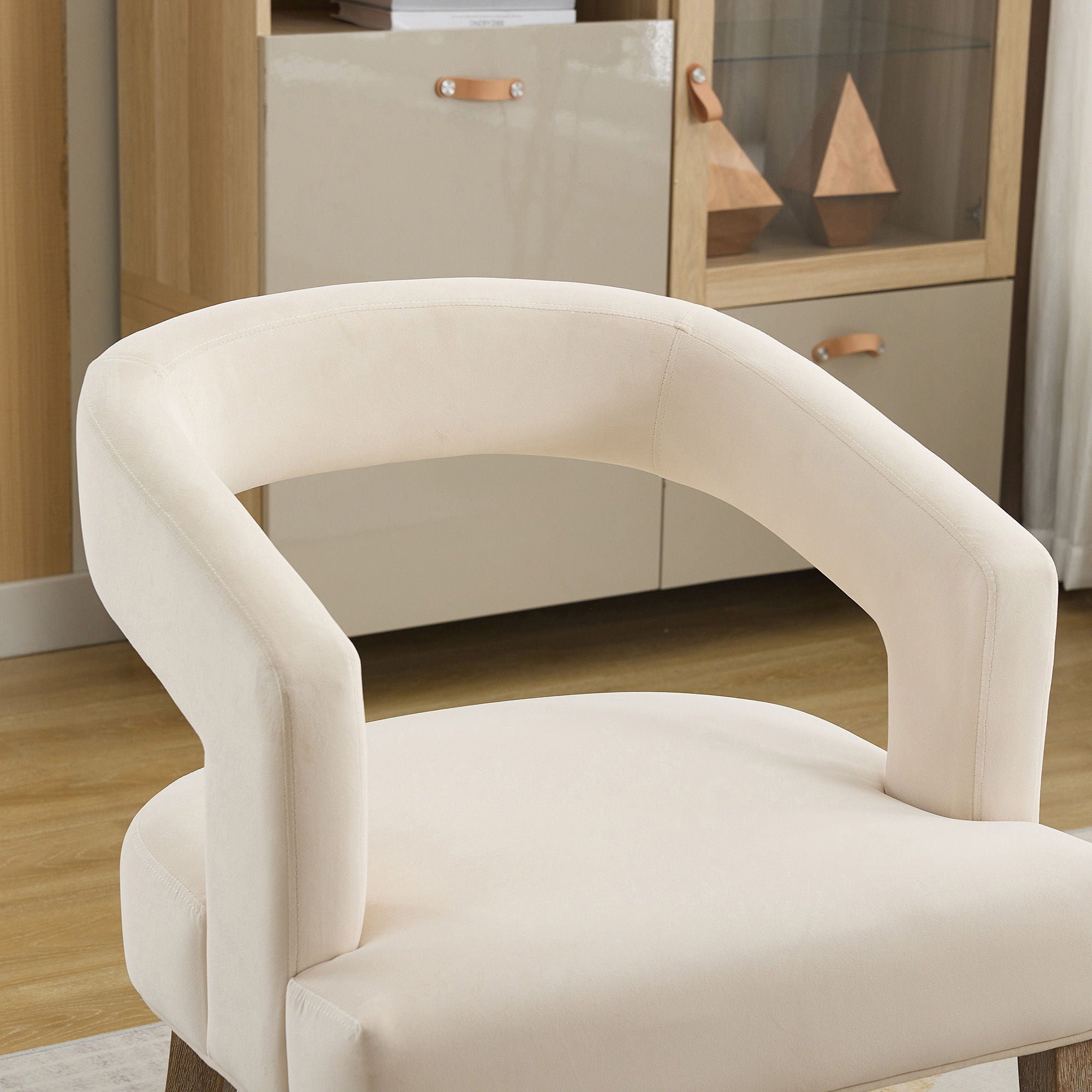 Wide Modern Barrel Open Back Upholstered Accent Chair With Weathered Solid Wood Legs