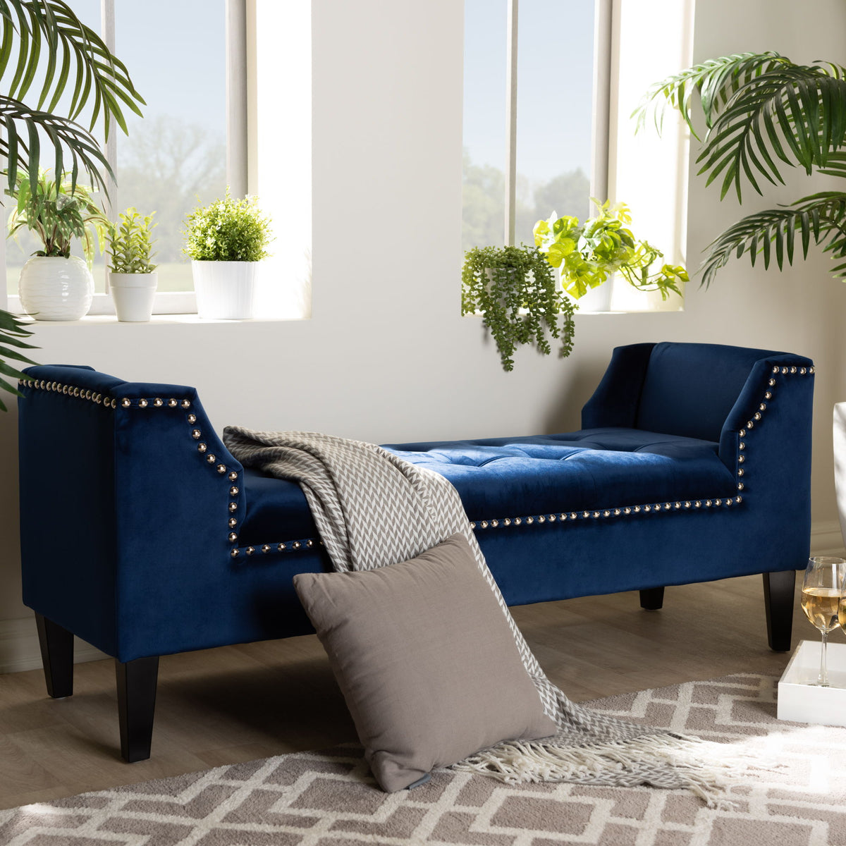 Perret Modern and Contemporary Royal Blue Velvet Fabric Upholstered Espresso Finished Wood Bench
