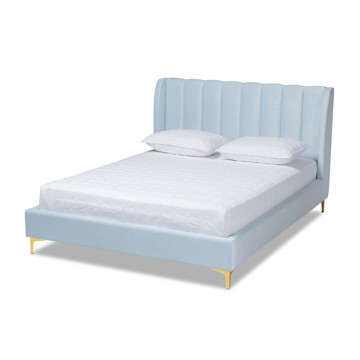 Saverio Glam and Luxe Light Blue Velvet Fabric Upholstered Queen Size Platform Bed with Gold-Tone Legs