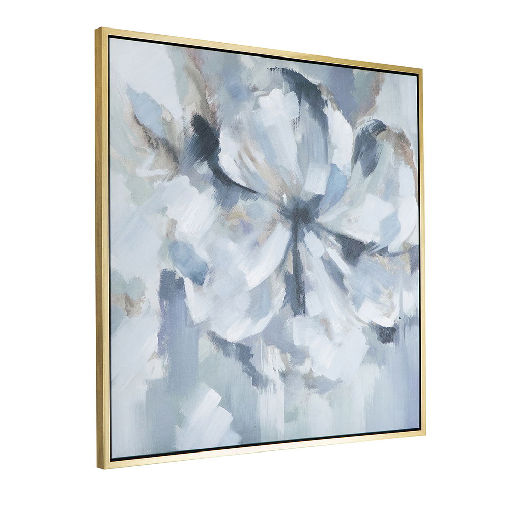 Large Modern Flower Oil Painting, SquareFrame Wall Art - Blue / Gray