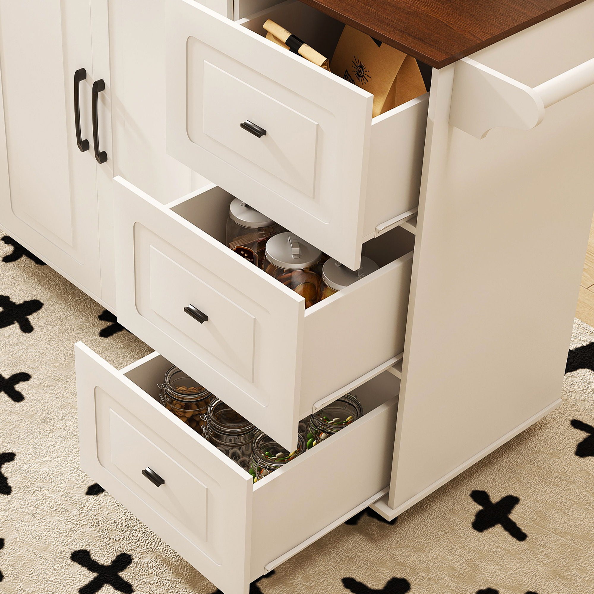 Kitchen Island Cart With Foldable Tabletop & Drop Leaf Mobile Breakfast Bar With Wood Top And Storage - White / Walnut