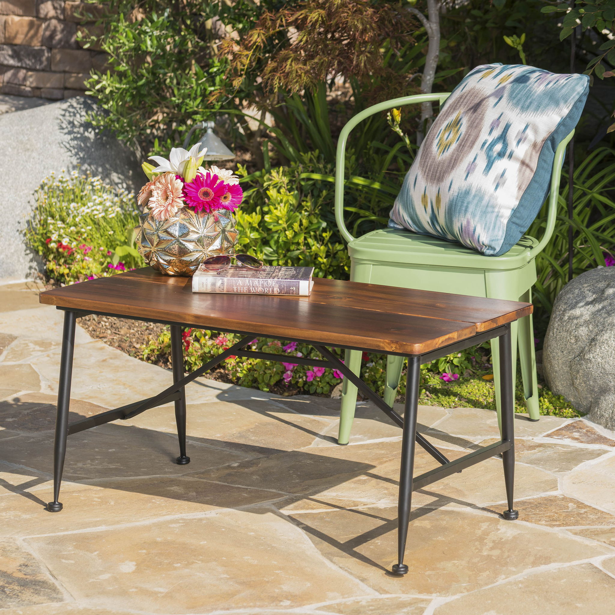 Rectangle Outdoor Coffee Table With Angled Tubular Legs And Wood Top - Black
