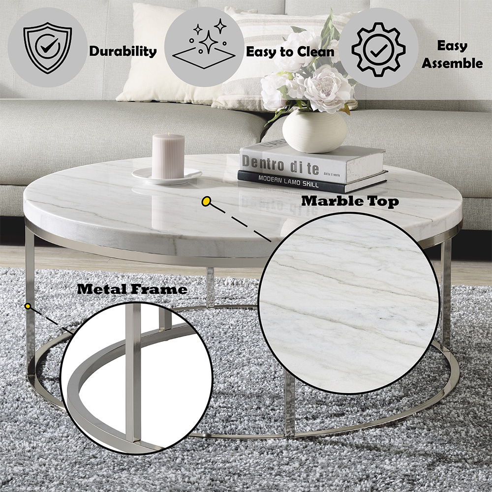 Zaidee - Coffee Table With Marble - Marble Top & Nickel