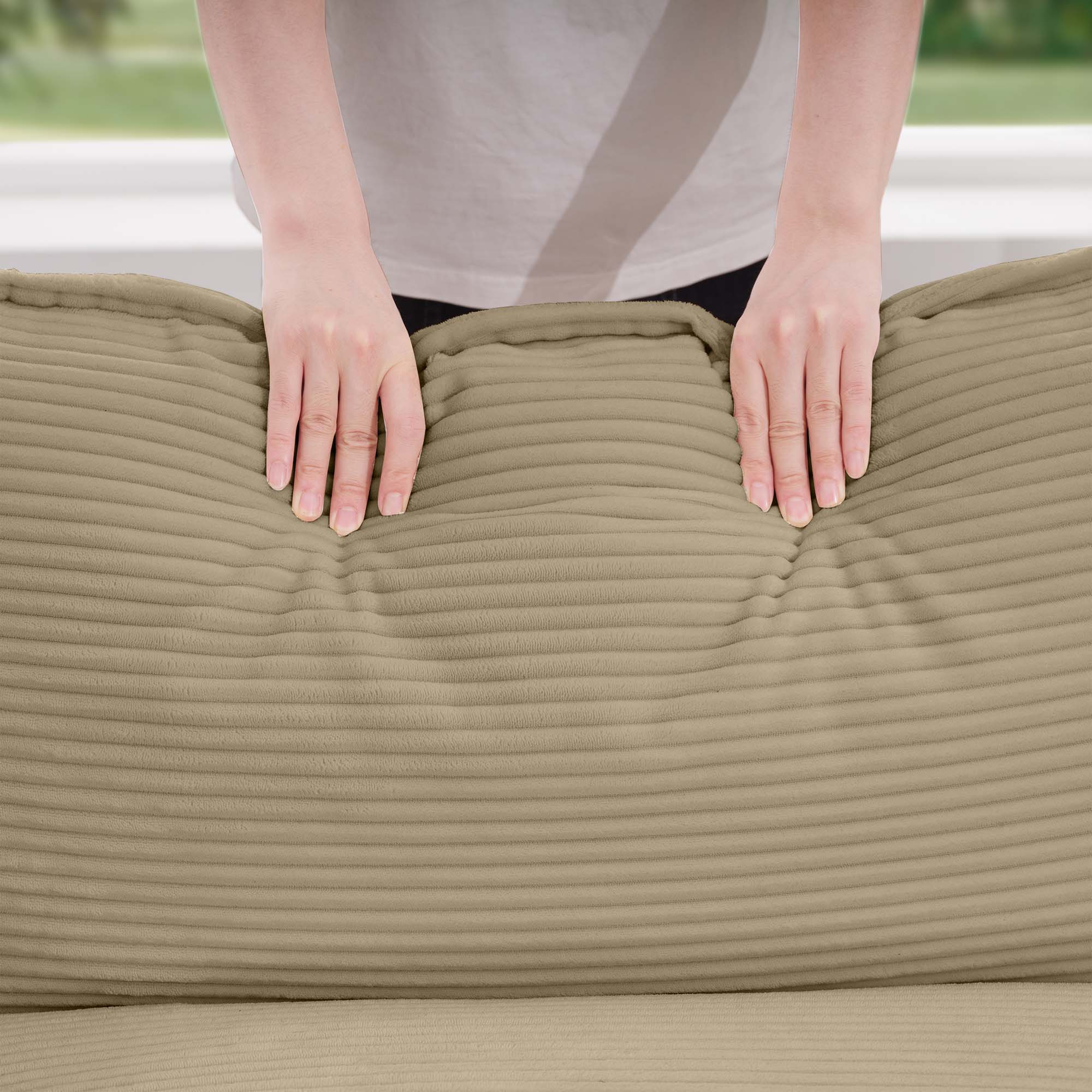 Modern Upholstered 4 Seater Corduroy Fabric Sofa With Arm And Throw Pillows