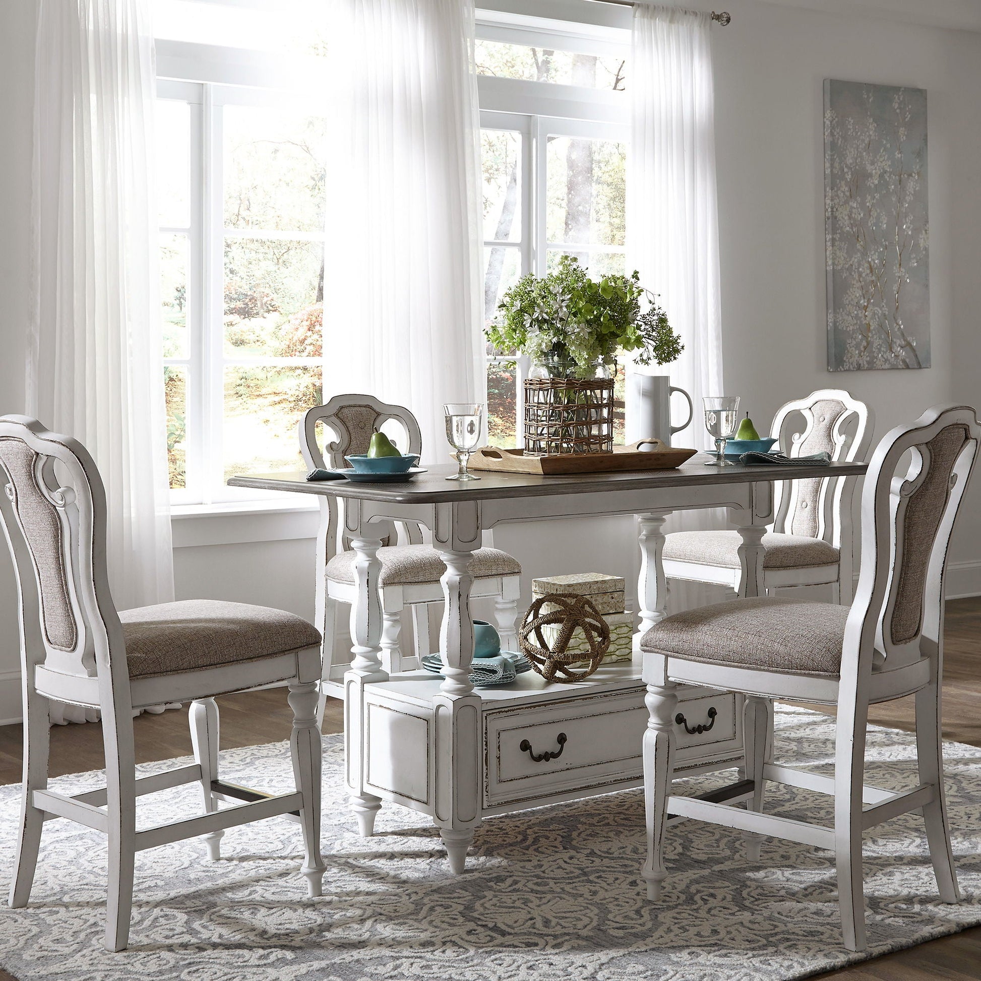 Liberty Furniture Magnolia Manor - 5 Piece Gathering Table Set - Upholstered Chairs - White | Meri Furniture