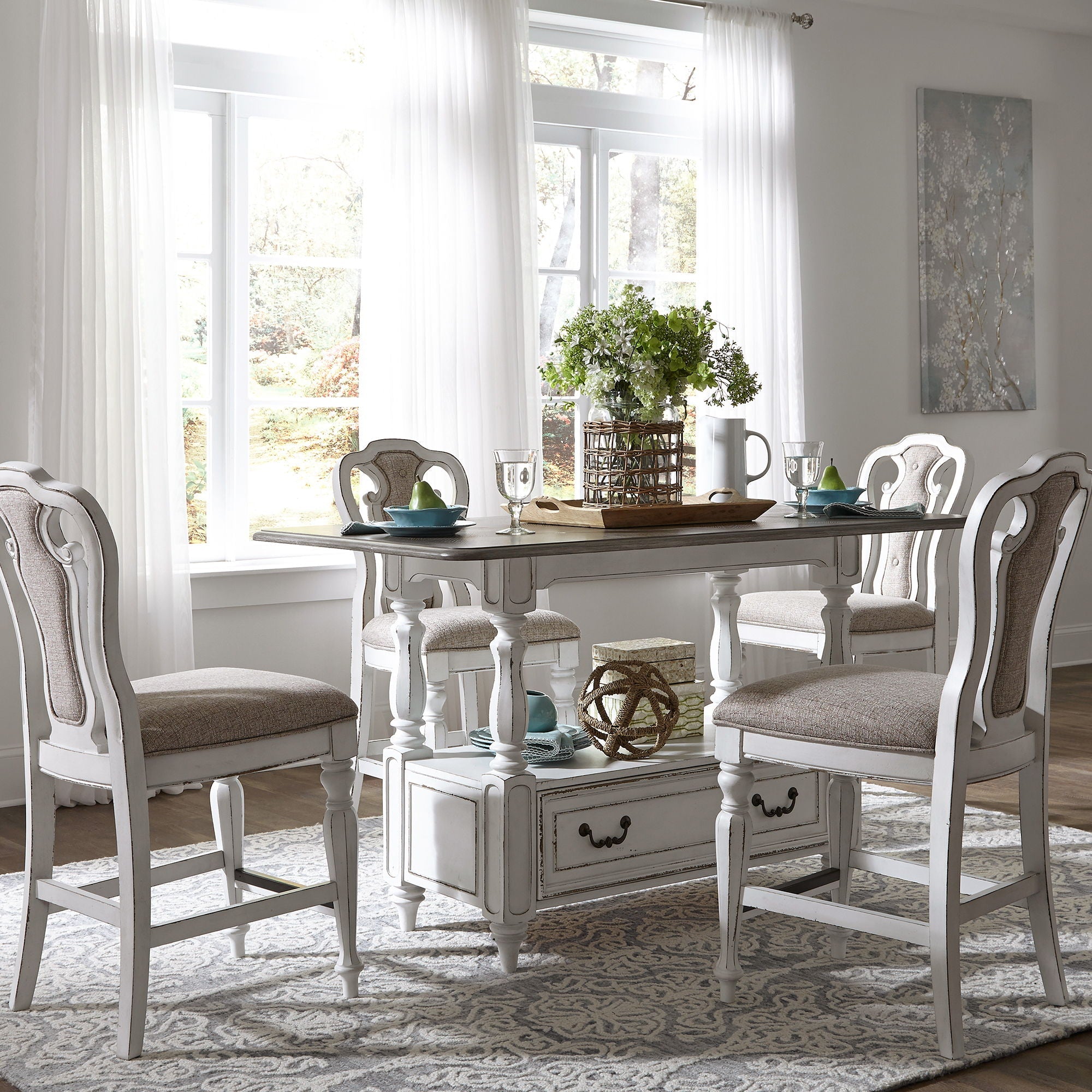 Liberty Furniture Magnolia Manor - 5 Piece Gathering Table Set - Upholstered Chairs - White | Meri Furniture