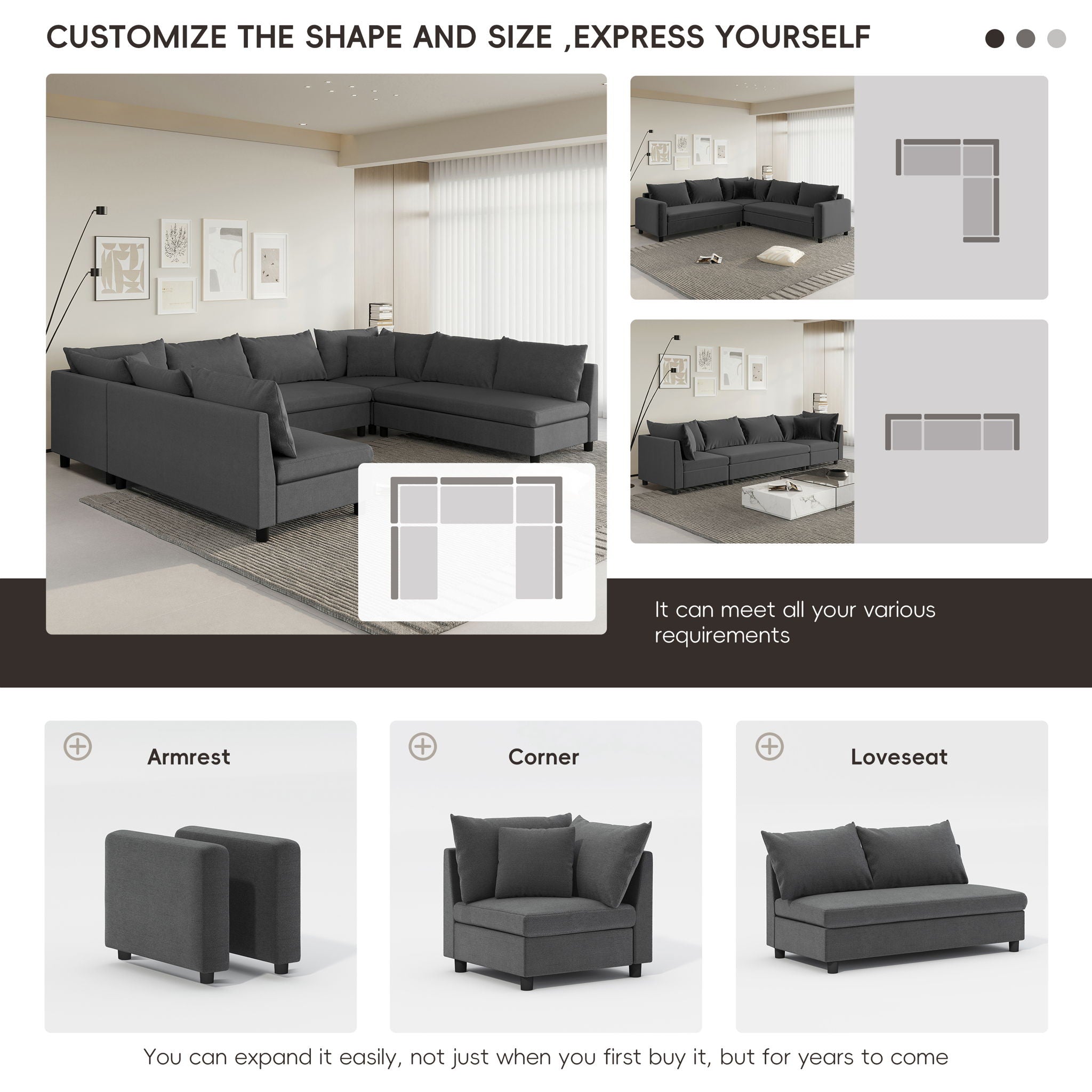 Modular Sectional Reversible U Shaped Couch Set, Free Combination Minimalist Style Oversized 8 Seat Convertible Sofa