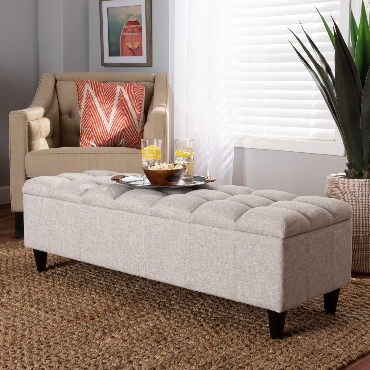 Brette Mid-Century Modern Light Blue Fabric Upholstered Dark Brown Finished Wood Storage Bench Ottoman