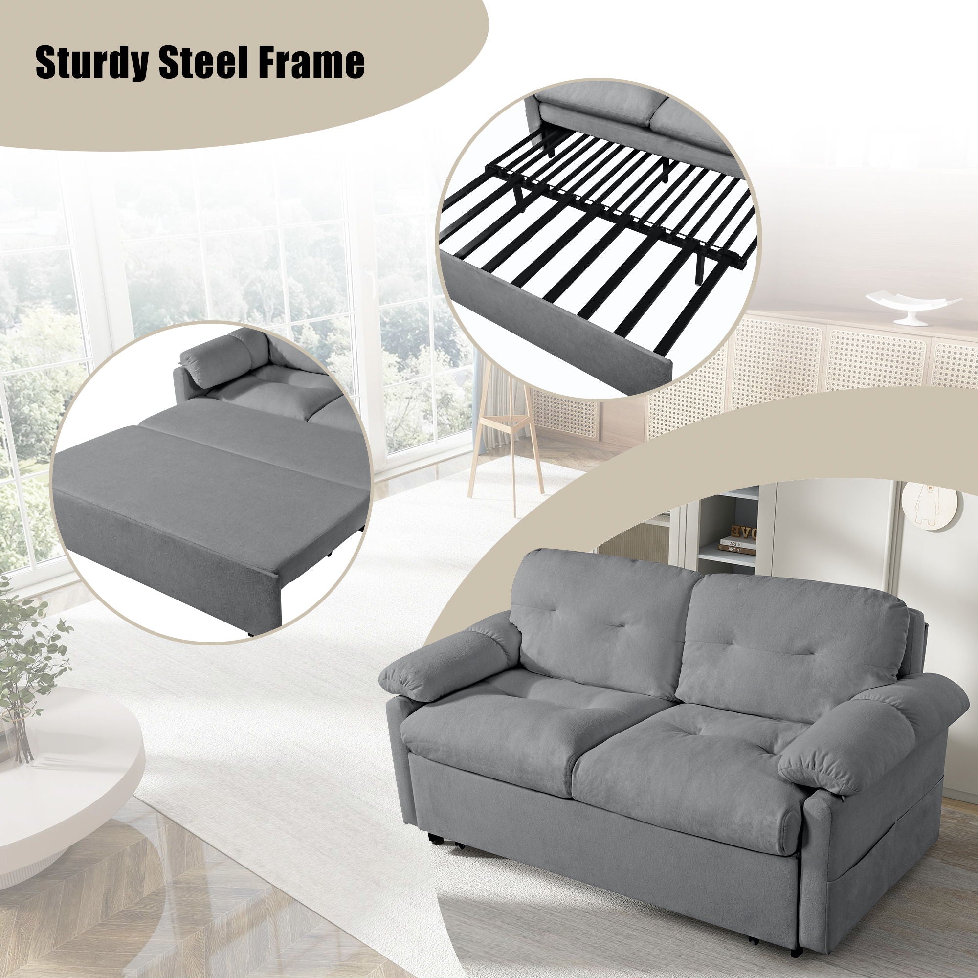 Modern Convertible Sleeper Sofa Bed With Pull-Out Queen Design, Side Storage & Thick Cushions