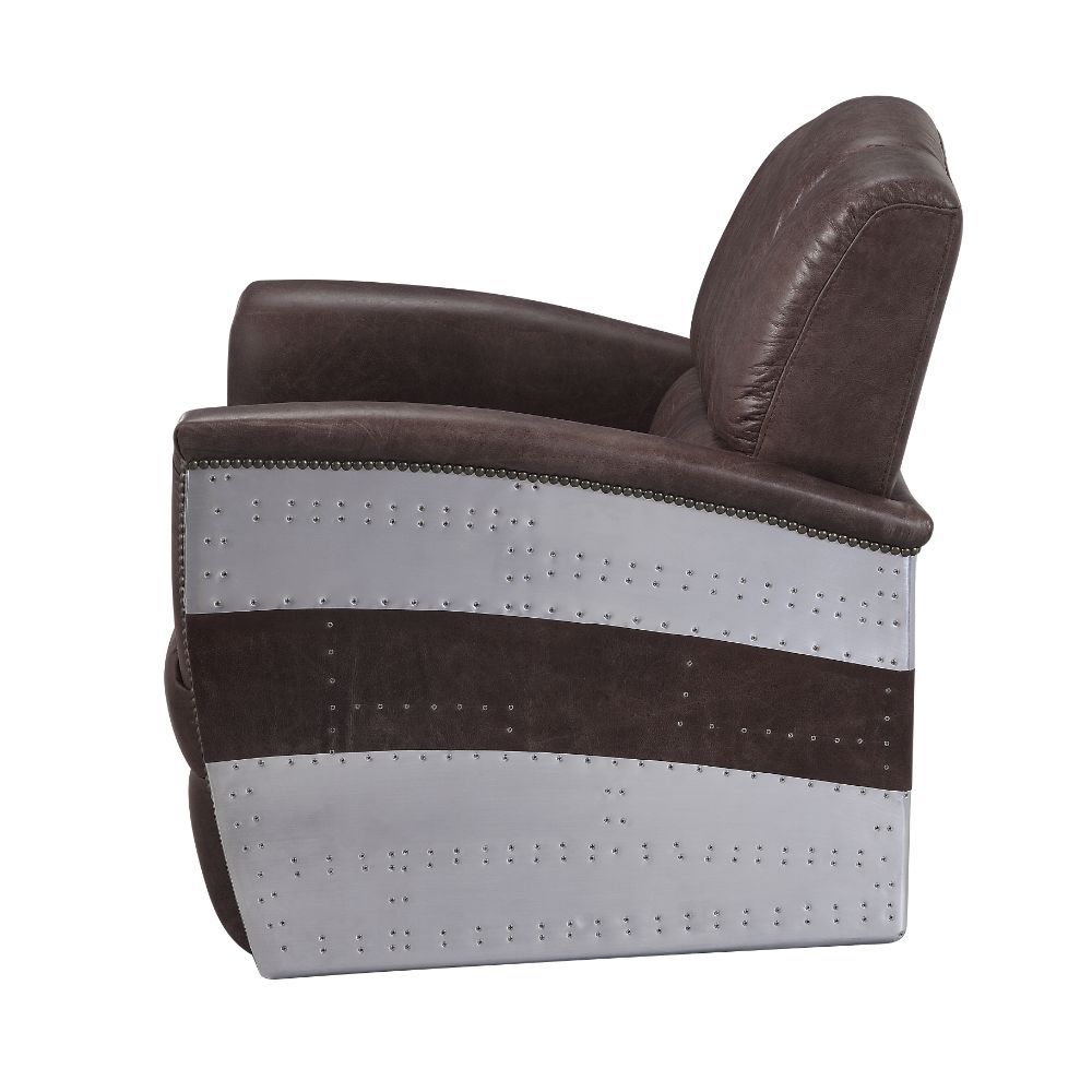 ACME Brancaster - Accent Chair - Retro Brown Top Grain Leather & Aluminum - 35" | Meri Furniture