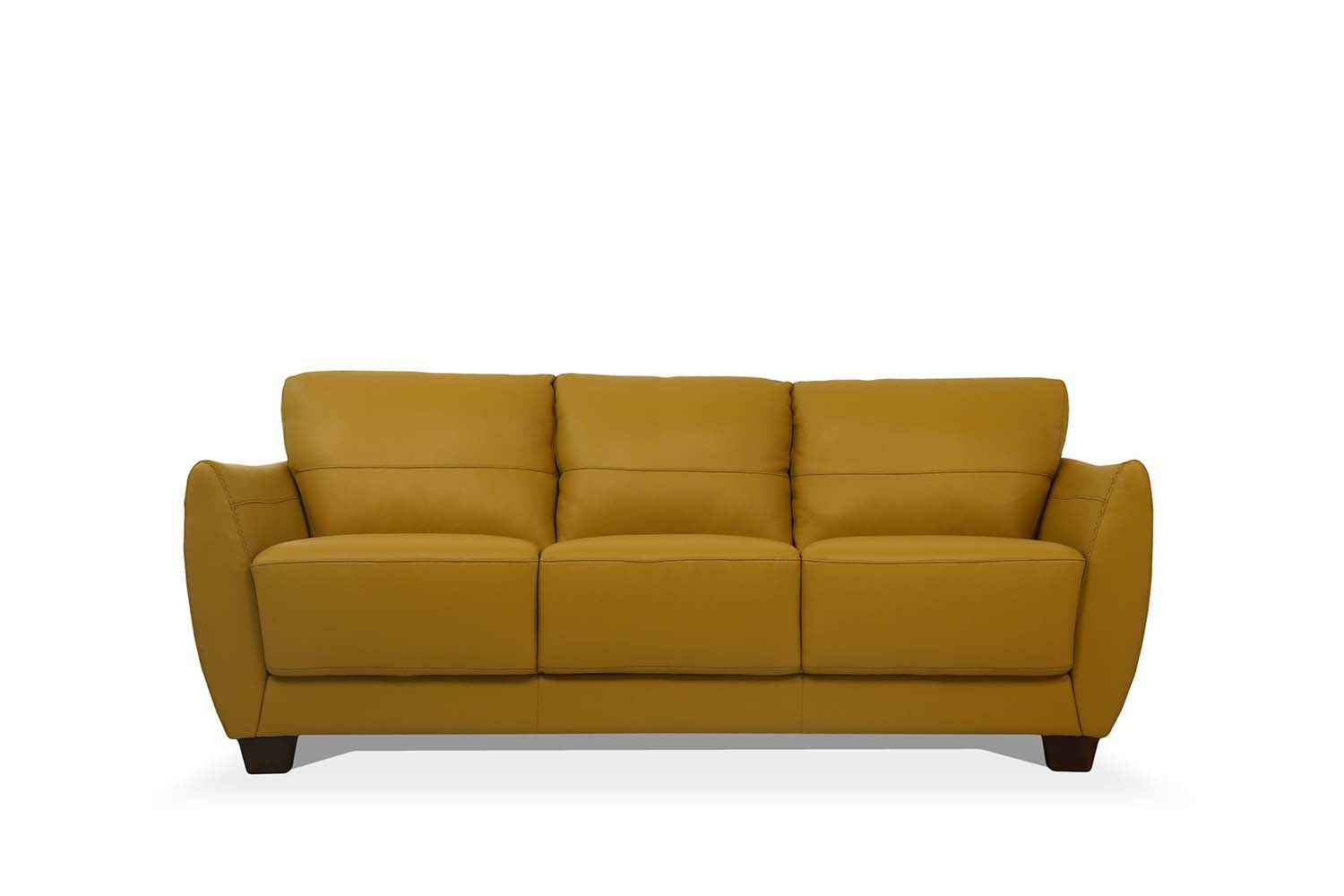 ACME The Valeria sofa set is one you’ll want to spend lots of time in. This beautiful leather sofa features same tone stitching and unique wood block legs. | Meri Furniture