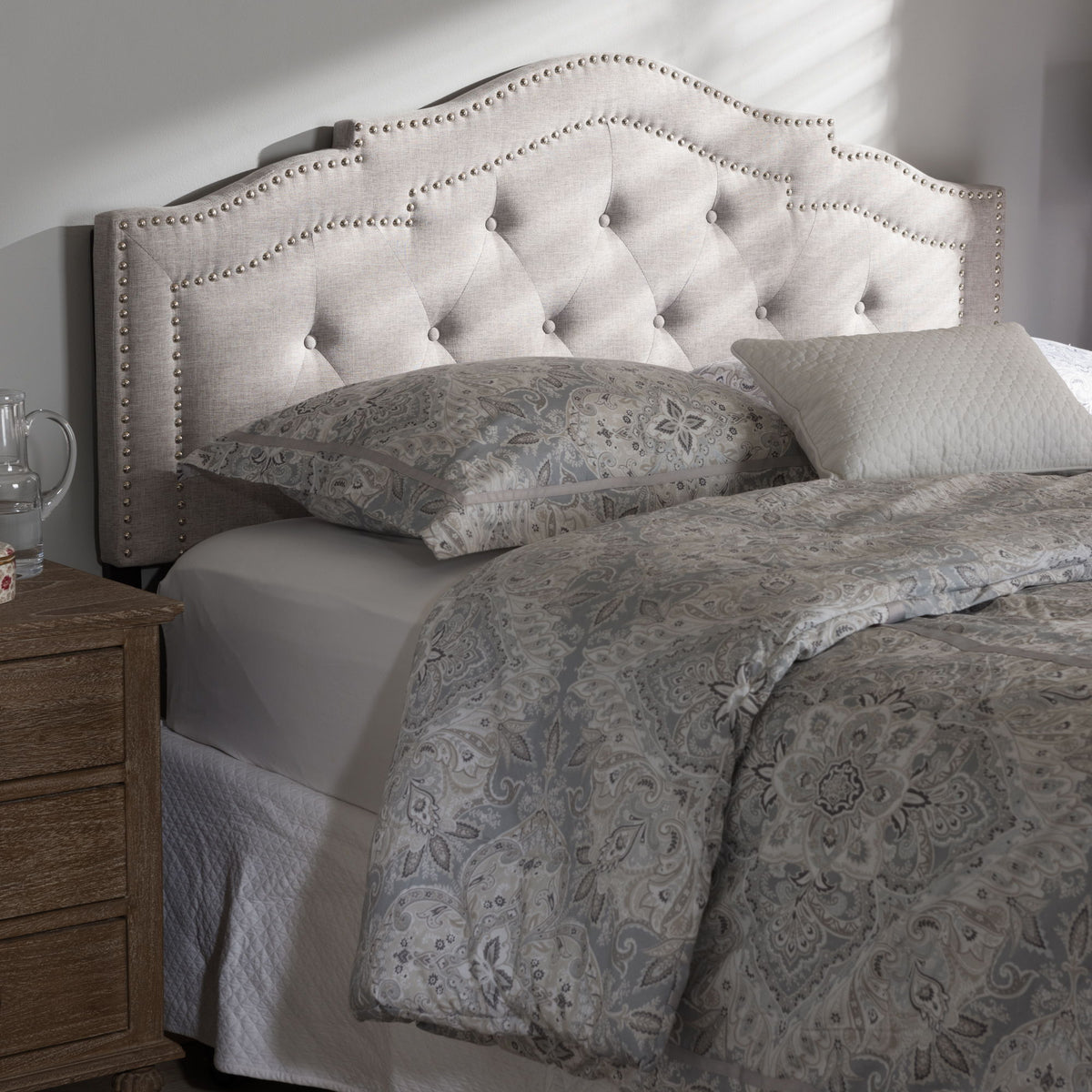 Edith Modern and Contemporary Greyish Beige Fabric Full Size Headboard