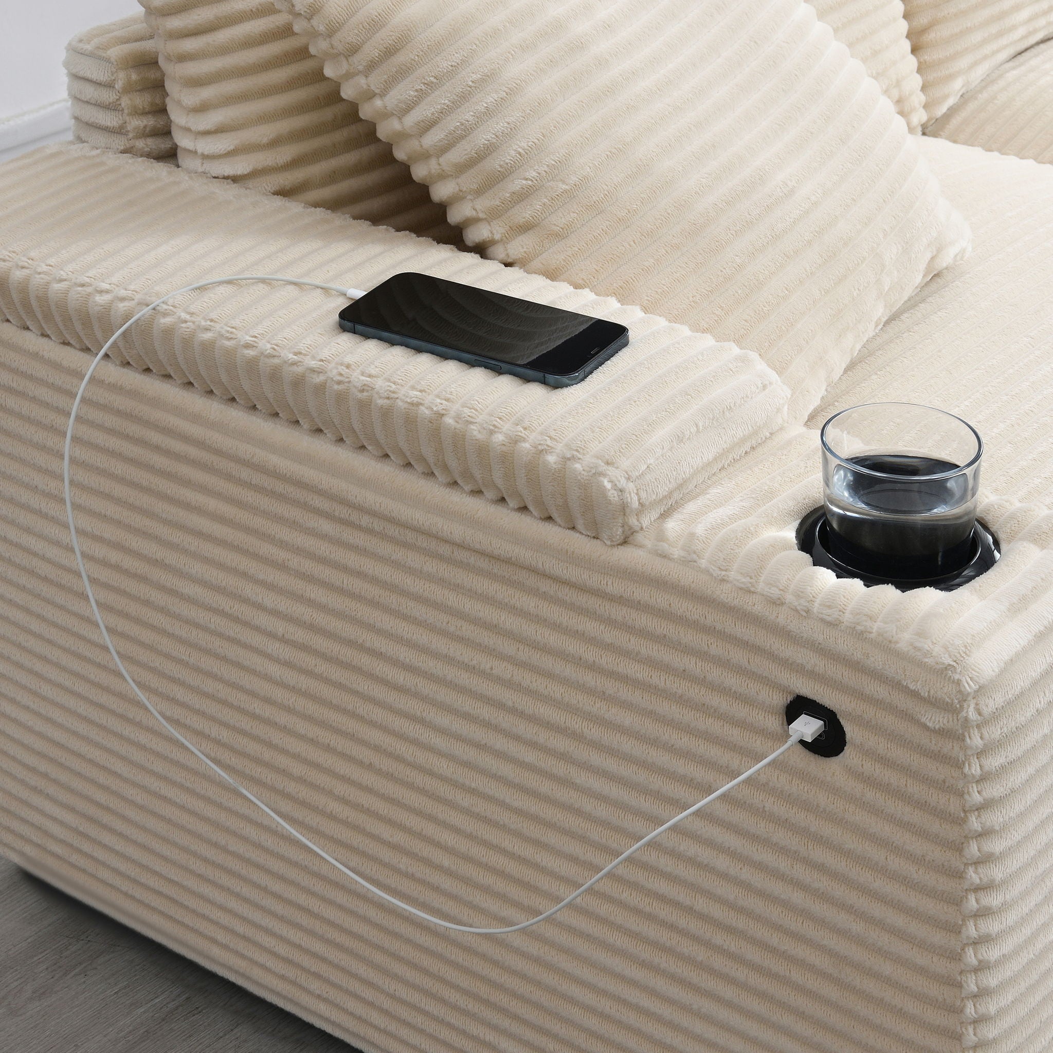 Convertible L Shaped Sectional Corner Couch With Armrest Storage Cup Holders USB Charger, Irregular Corner Oversized Comfy Modular Sofa