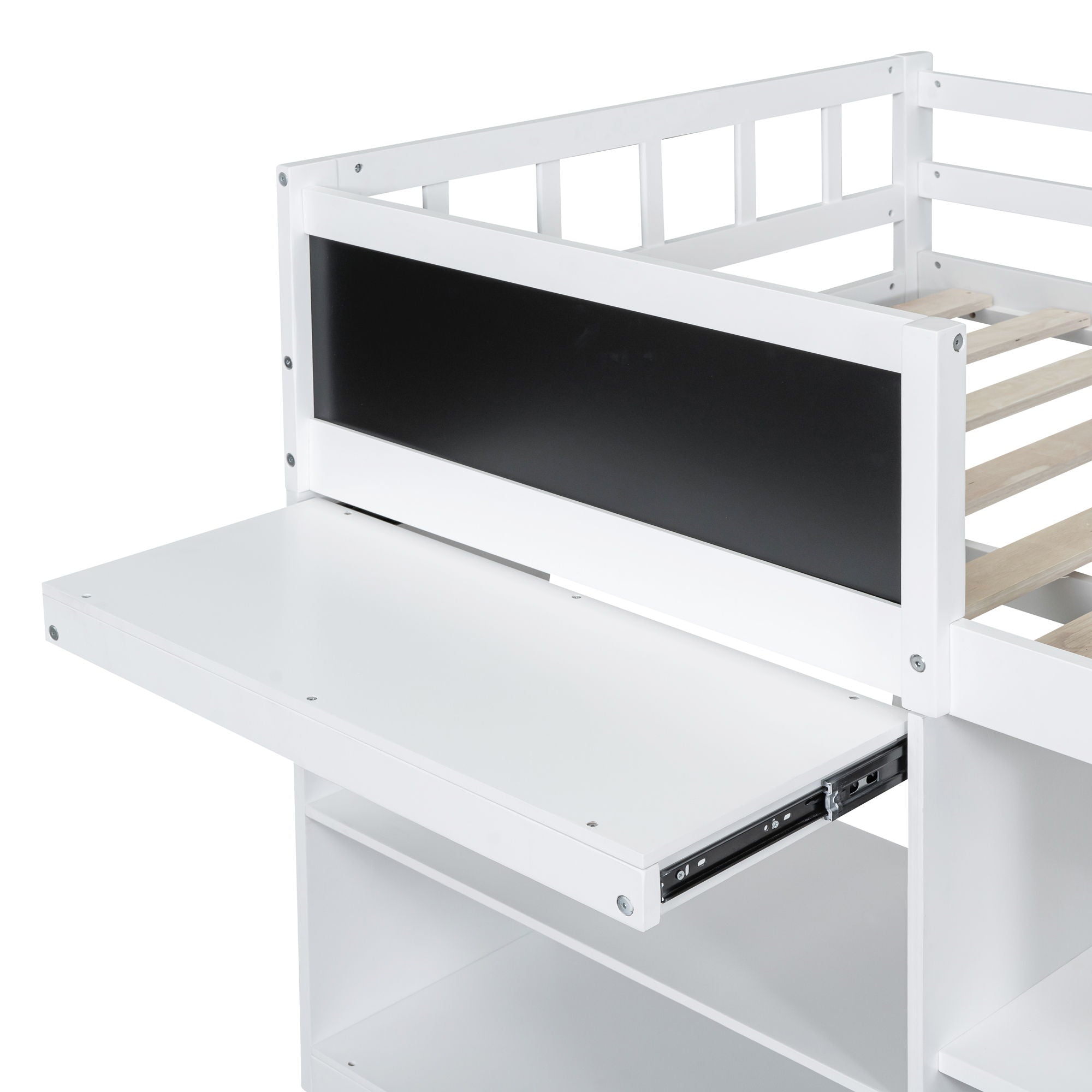Low Loft Bed With Rolling Desk, Shelf And Drawers
