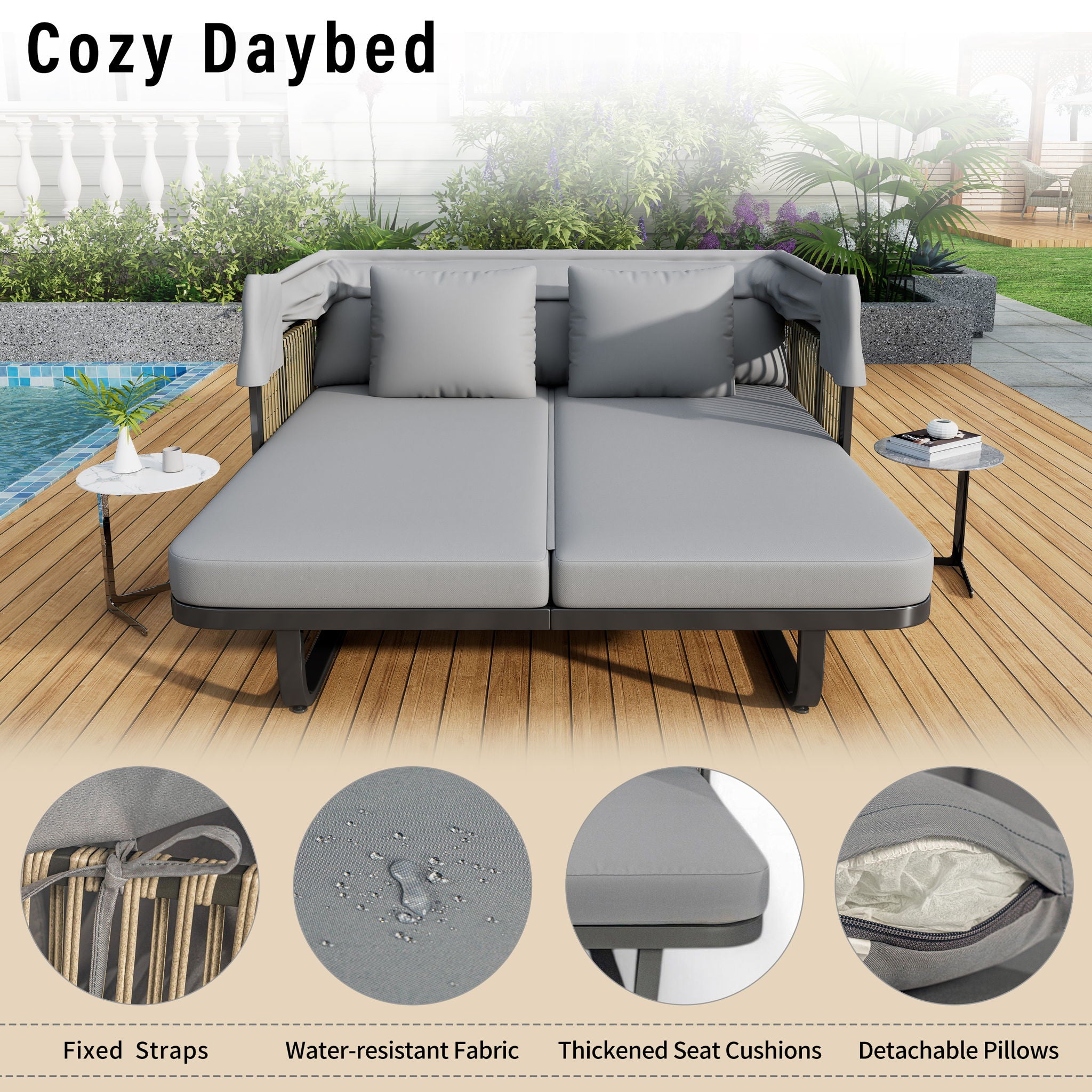 Outdoor Patio Rattan Daybed With Detachable Pillows