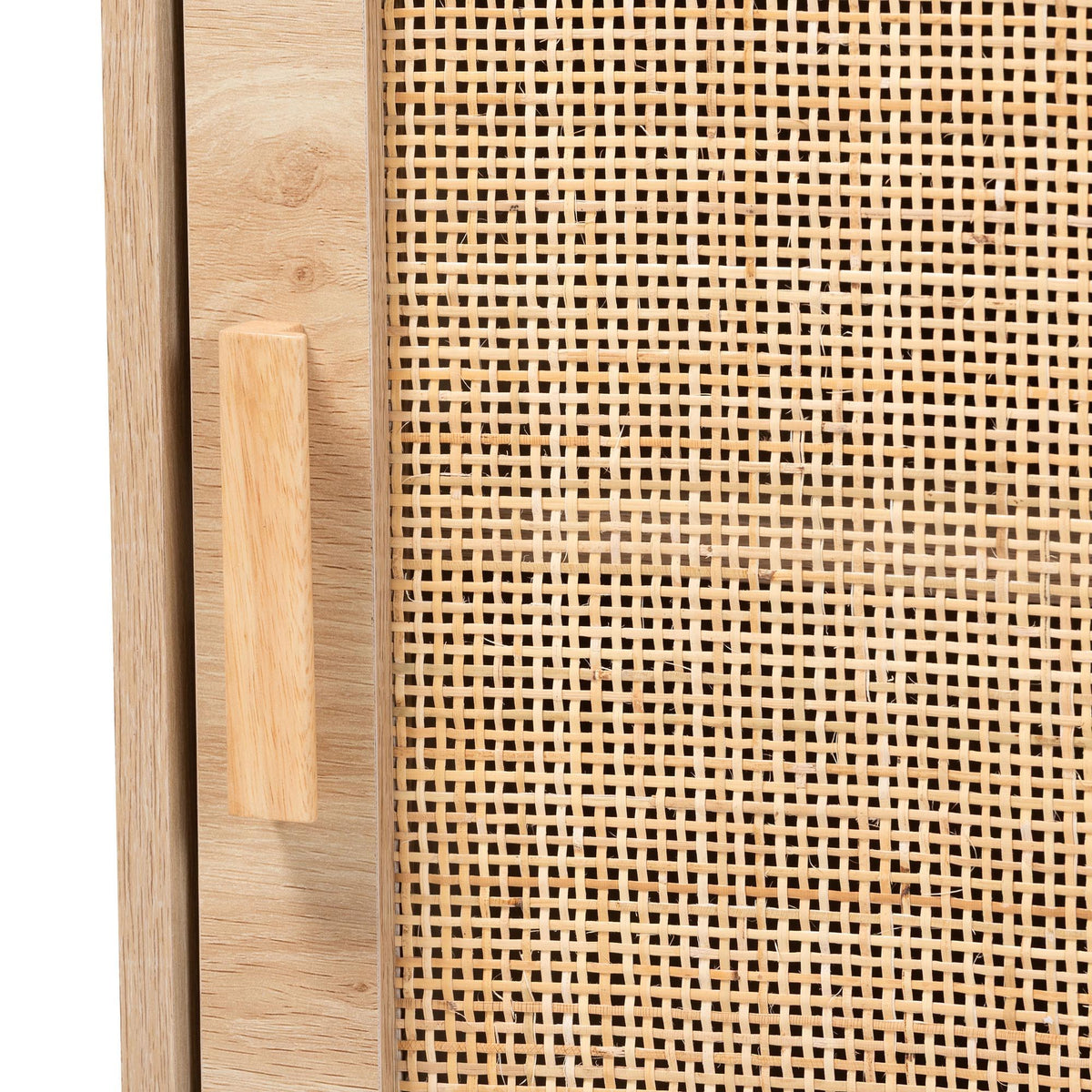 Maclean Mid-Century Modern Rattan and Natural Brown Finished Wood 1-Door End Table
