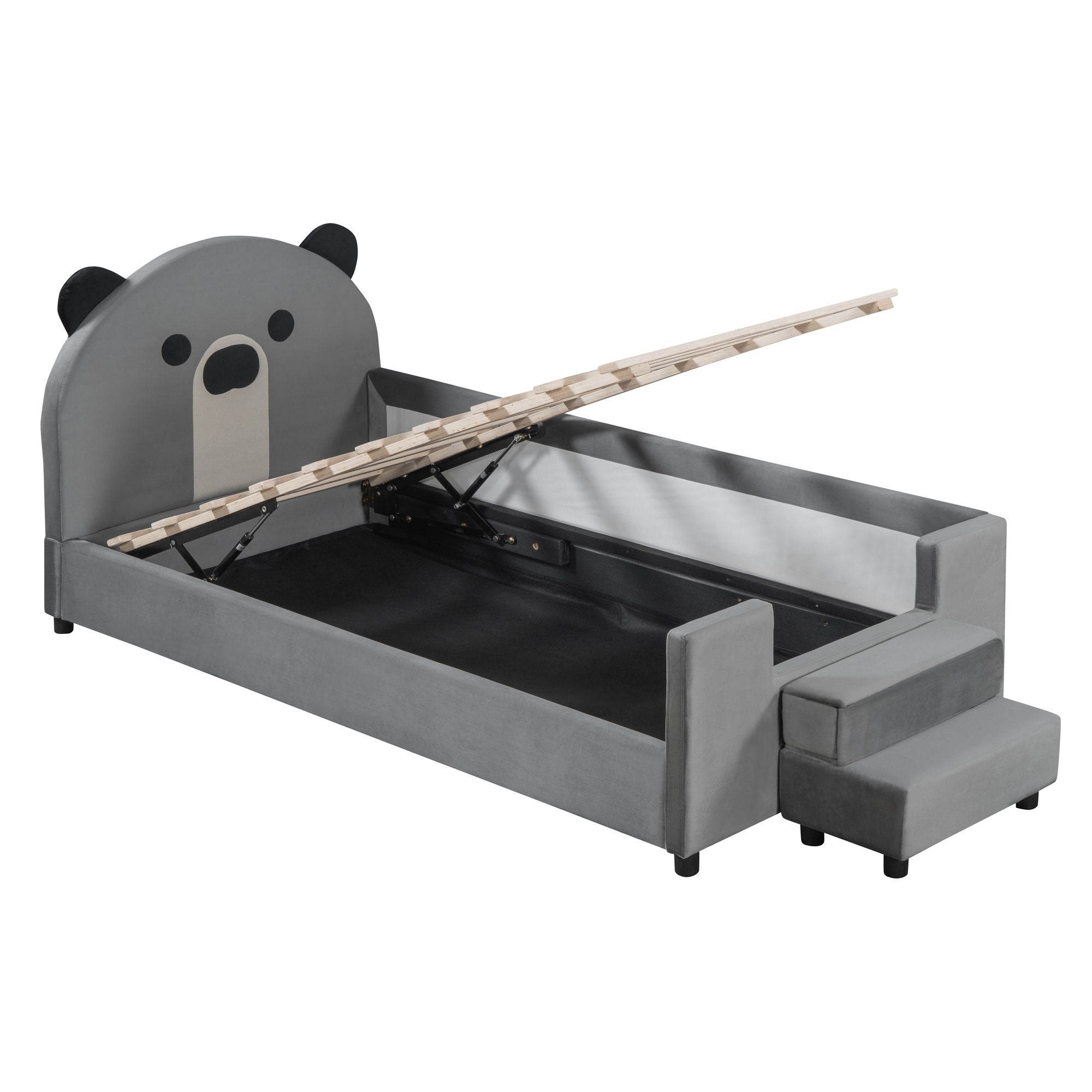 Upholstered Daybed With Bear Shaped Headboard, Hydraulic System And Breathable Mesh Fence