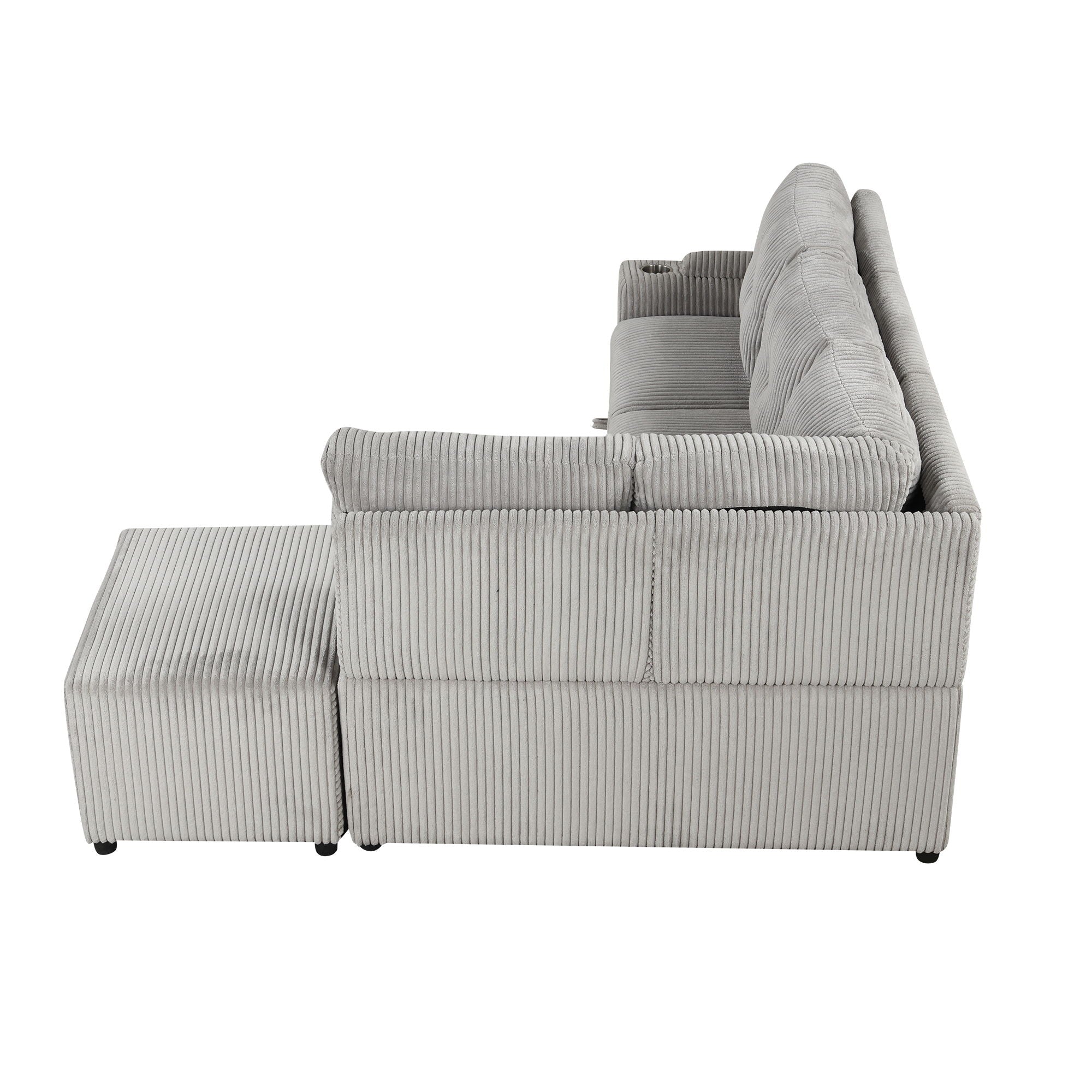 Pull-Out L-Shaped Sectional Sofa With Movable Ottoman And Stool, Large Storage Space, A Cup Holder, And 2 USB Ports For Living Room