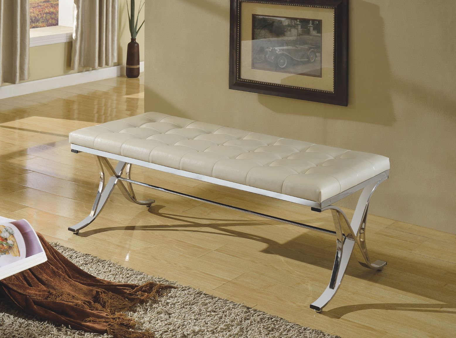 ACME Royce - Bench - Beige PU & Chrome | Meri Furniture