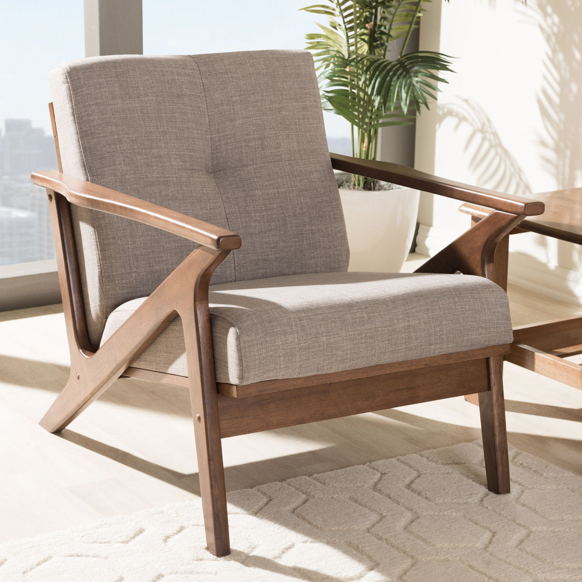 Bianca Mid-Century Modern Walnut Wood Light Grey Fabric Tufted Lounge Chair