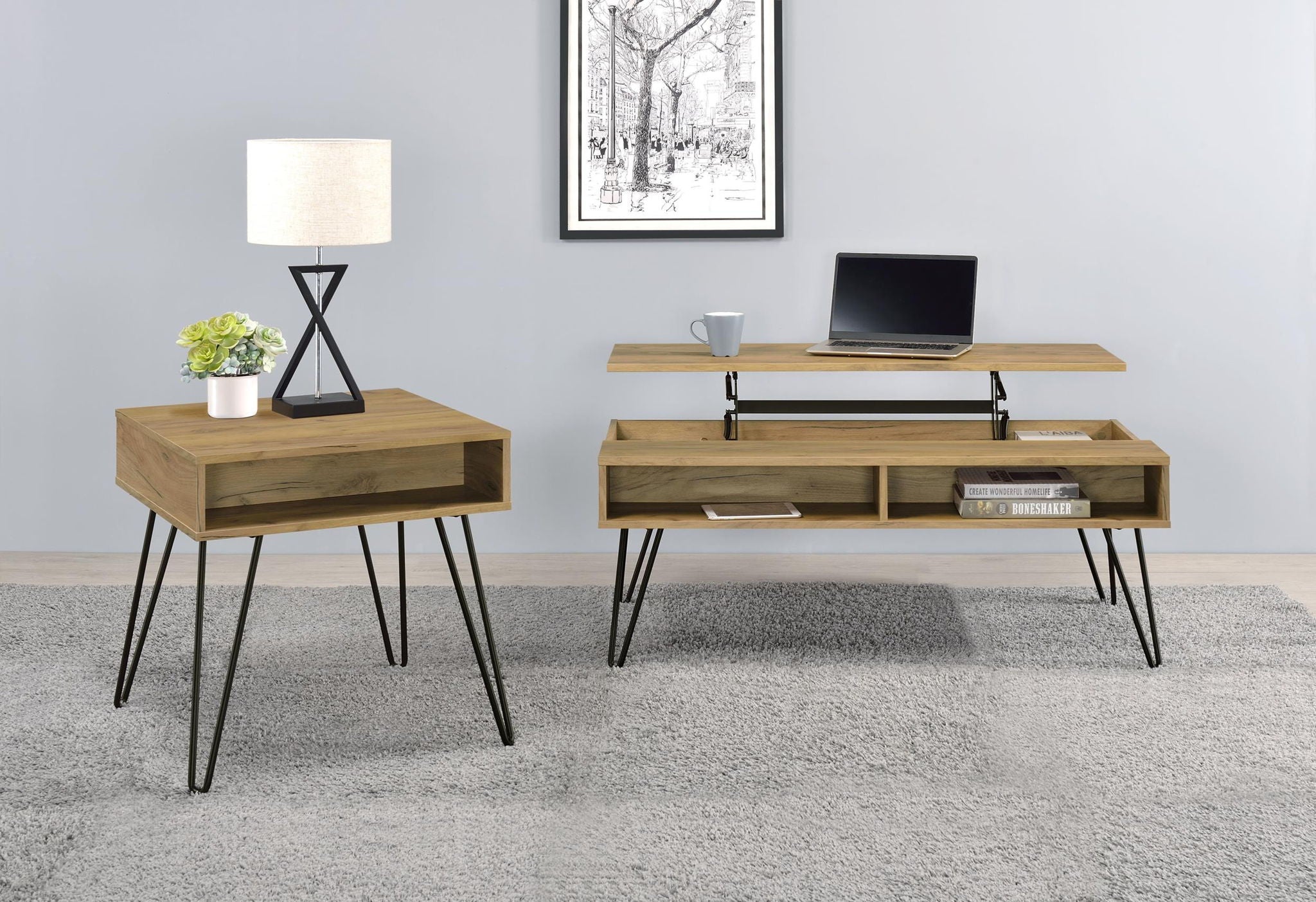 Fanning 2-piece Lift Top Coffee and End Table Set Golden Oak