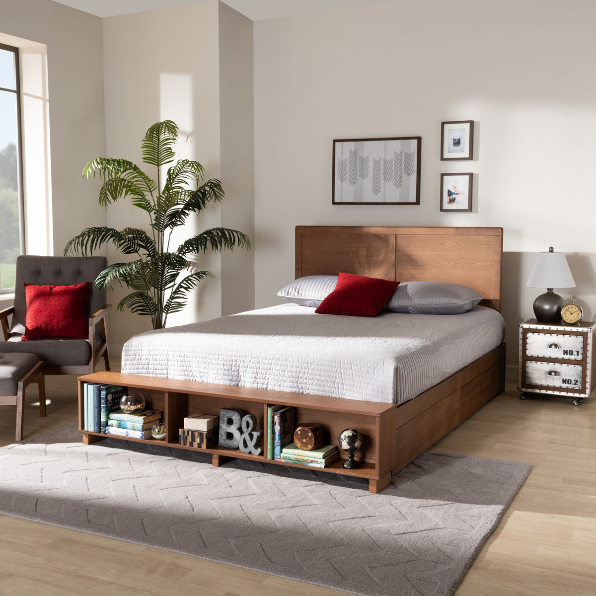 Tamsin Modern Transitional Ash Walnut Brown Finished Wood Full Size 4-Drawer Platform Storage Bed with Built-In Shelves