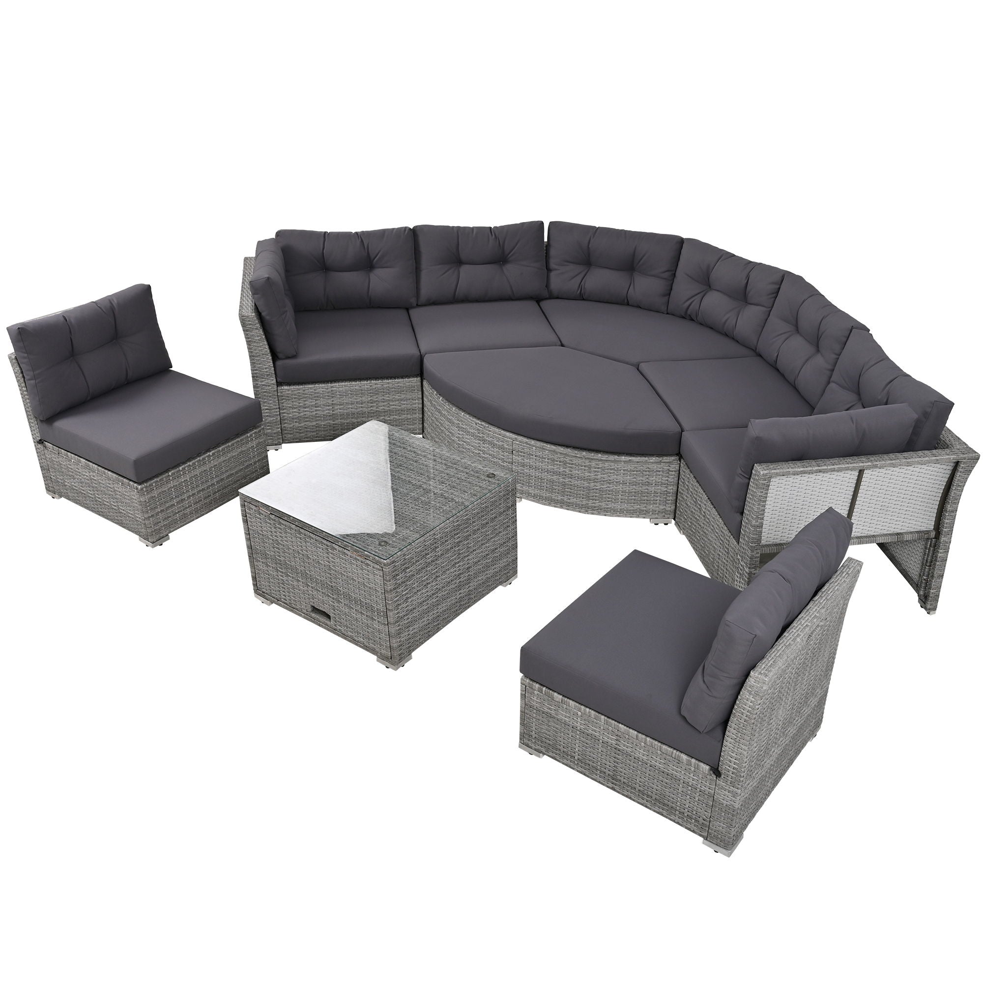 Elegant Patio Furniture Set Outdoor Daybed Rattan Sectional With Cushions And Center Table - Gray
