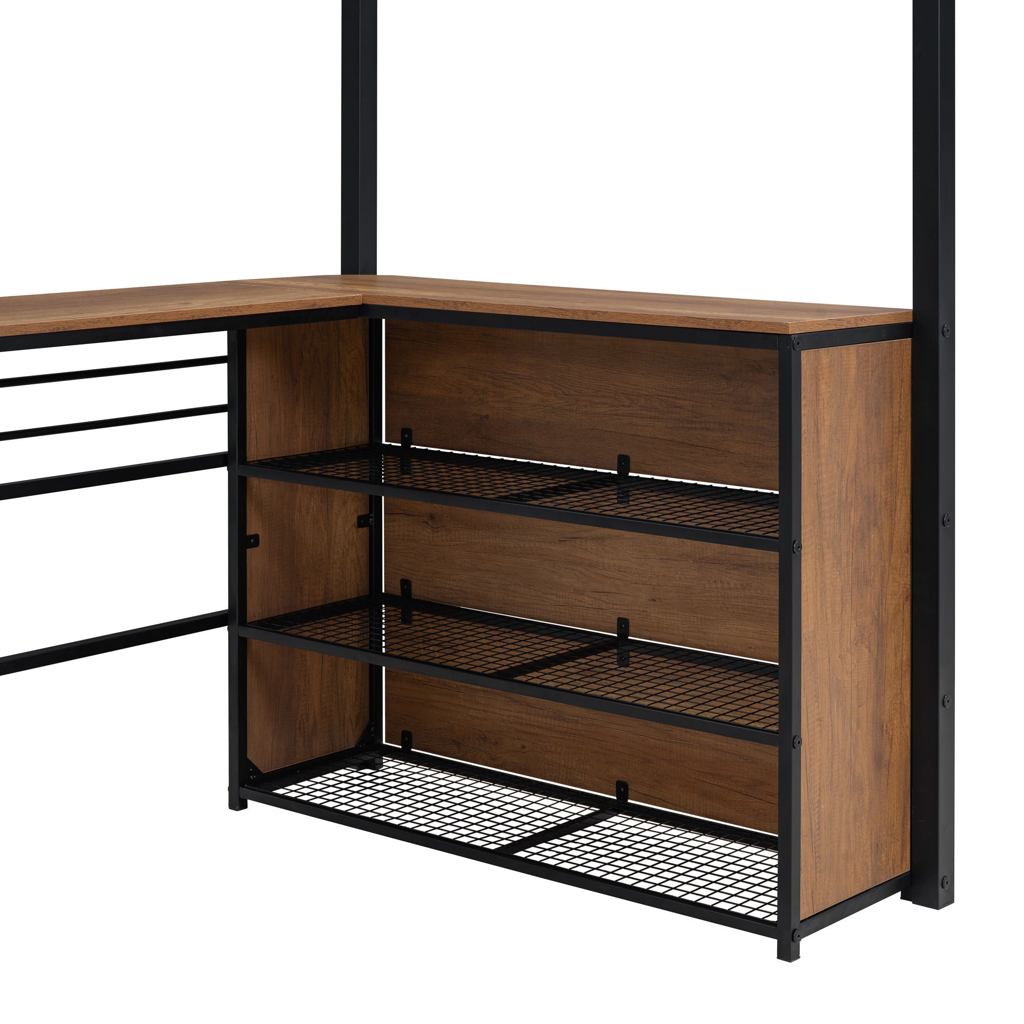 Loft Bed & 3 Layers Of Shelves And L-Shaped Desk