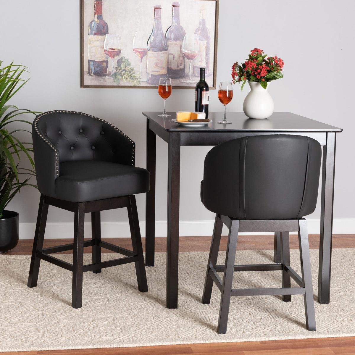 Theron Mid-Century Transitional Black Faux Leather and Espresso Brown Finished Wood 2-Piece Swivel Counter Stool Set