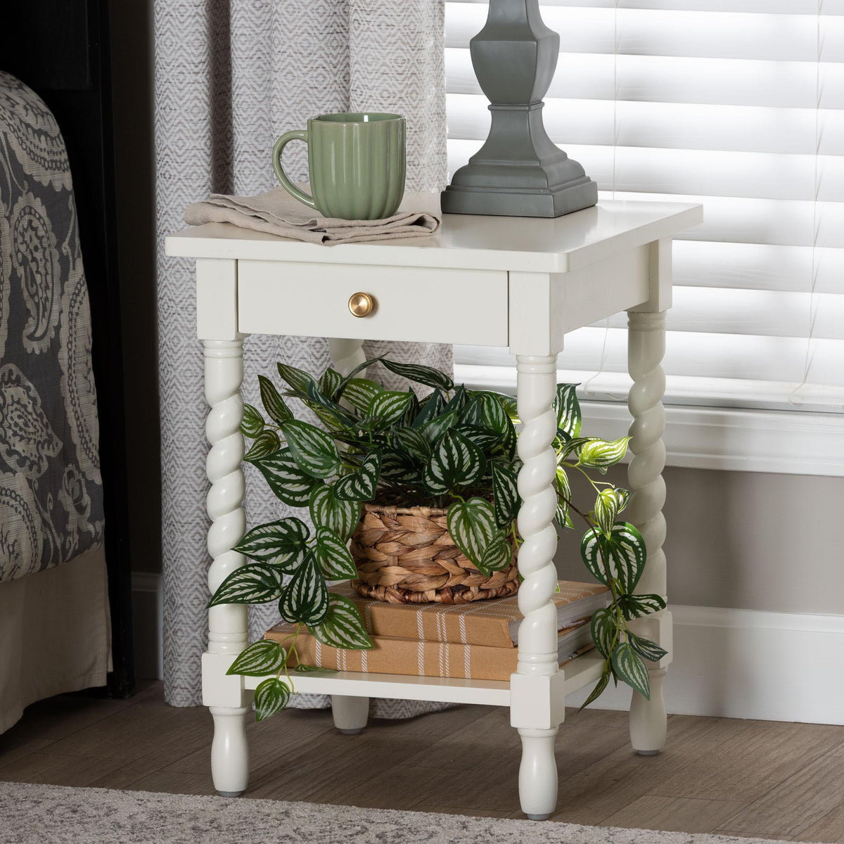 Niklas Nightstand with Twisted Legs - 1-Drawer Bedroom Side Table with Storage Shelf, White