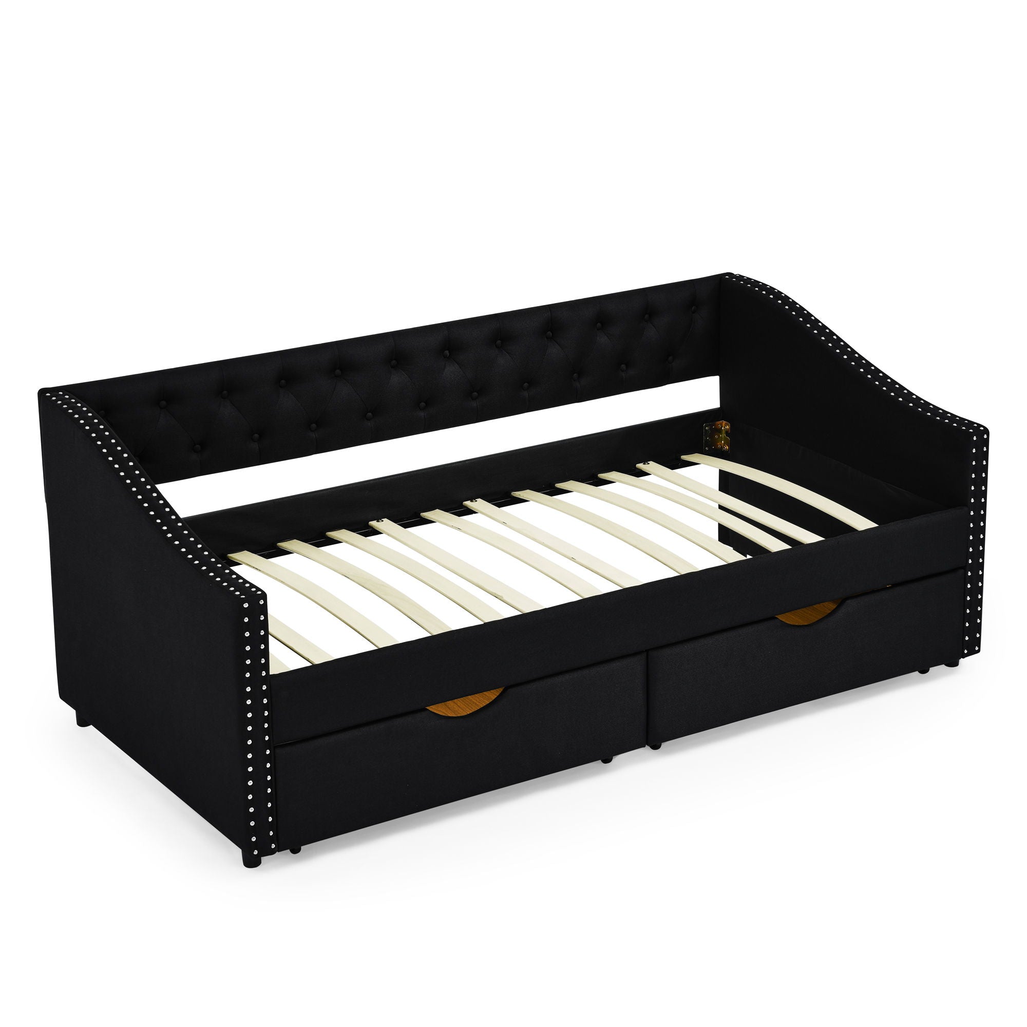 Upholstered Tufted Daybed With 2 Drawers, Waved Arms