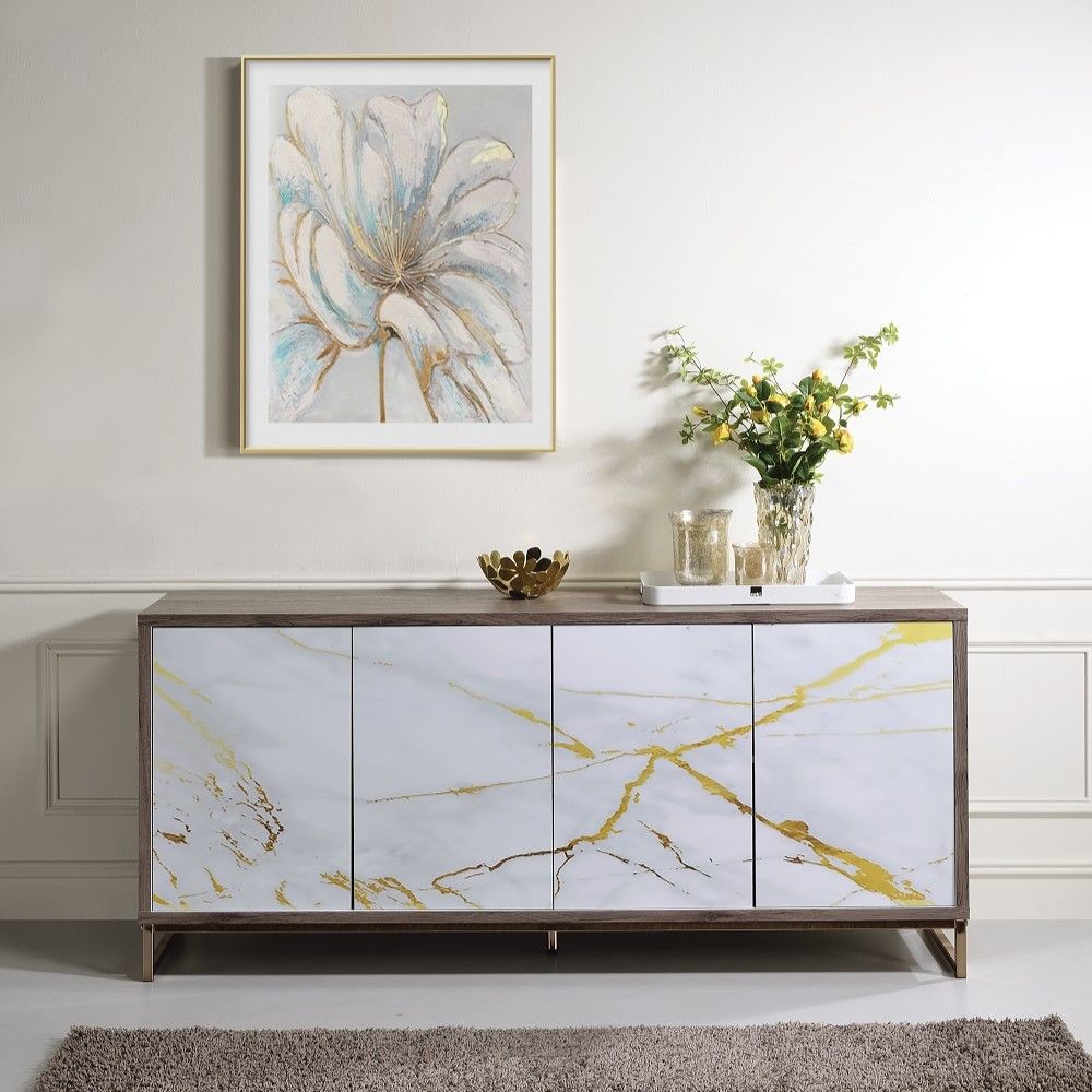 ACME Paavan - Console Cabinet - White Marble Print & Oak Champagne | Meri Furniture