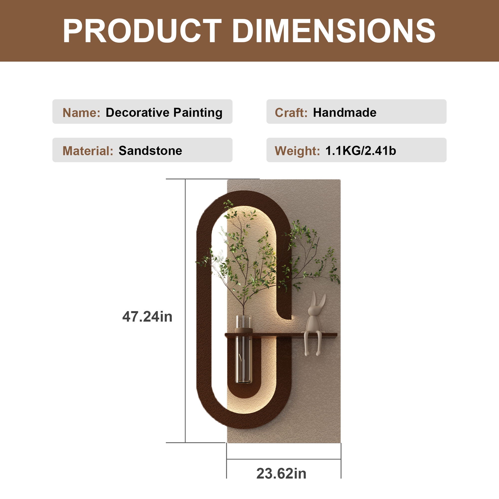 Adjustable LED Sandstone Wall Decor With Simulated Plants 3D Art Sculpture, Glass Vase & Rabbit Statue, Remote Control - Light Coffee