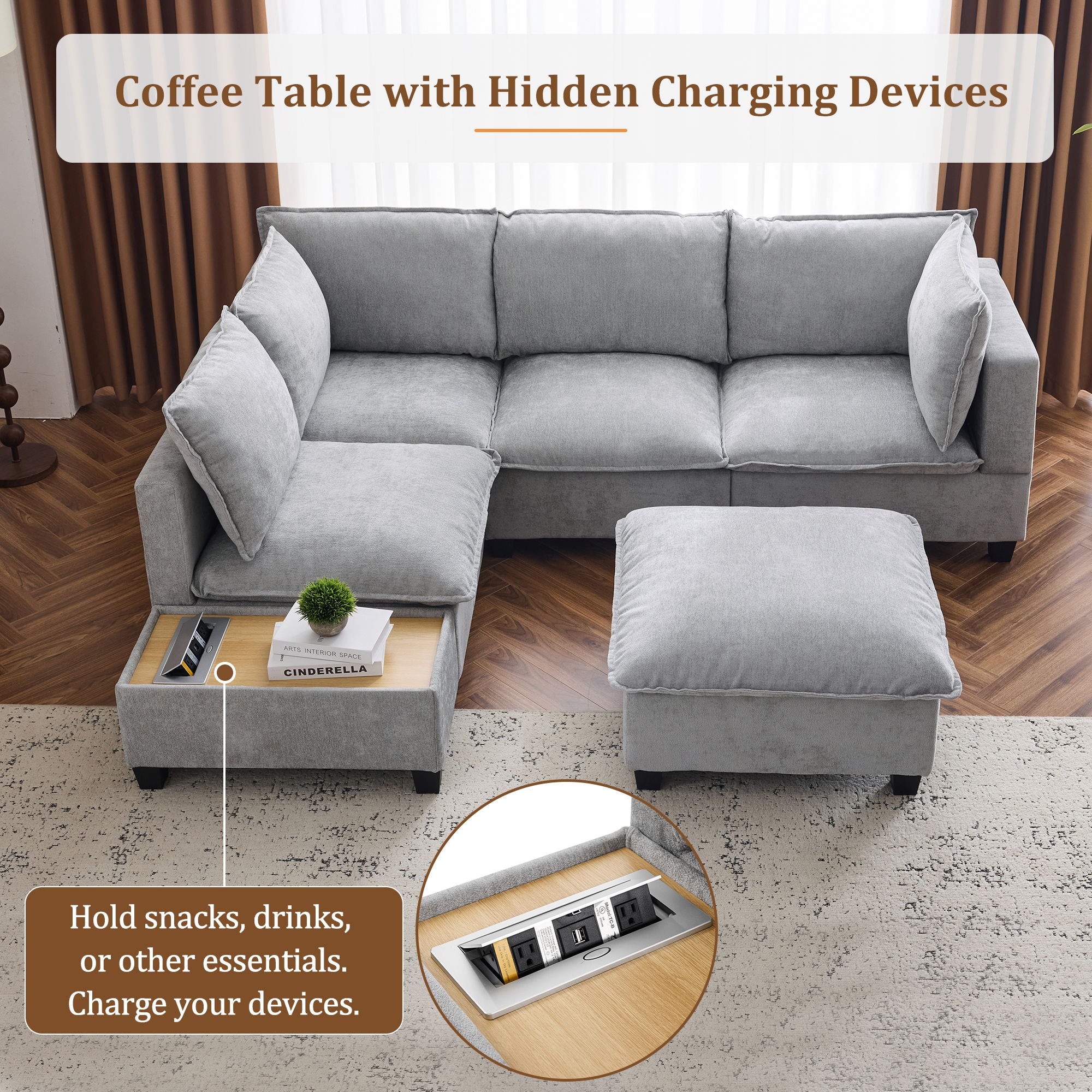 U-Shaped Sectional Modular Sofa With A Movable Ottoman, A Coffee Table With Hidden Charging Devices For Living Room
