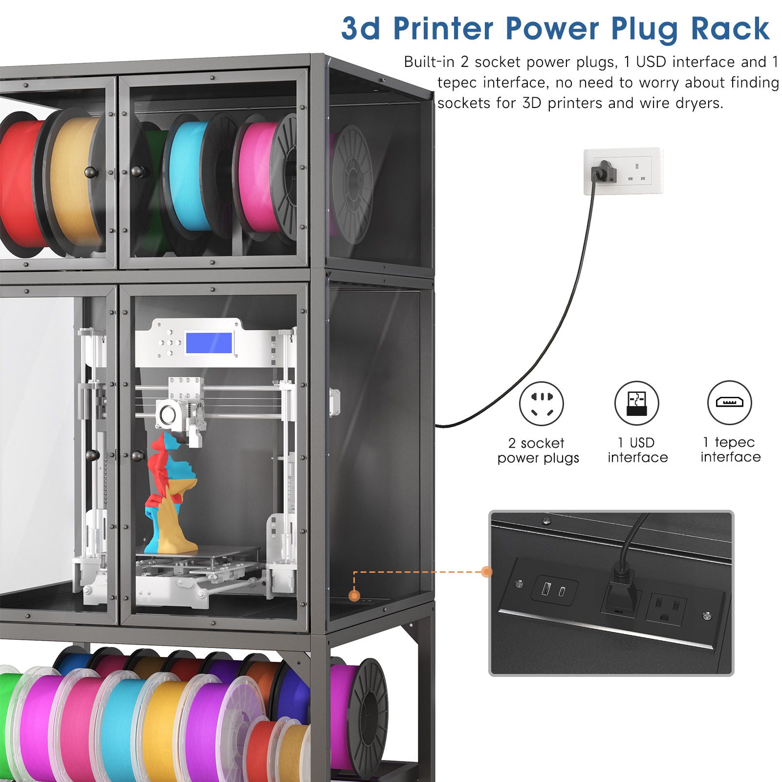 3D Printer Cabinet With Double Layer Filament Storage, Noise Reducing Design - Black