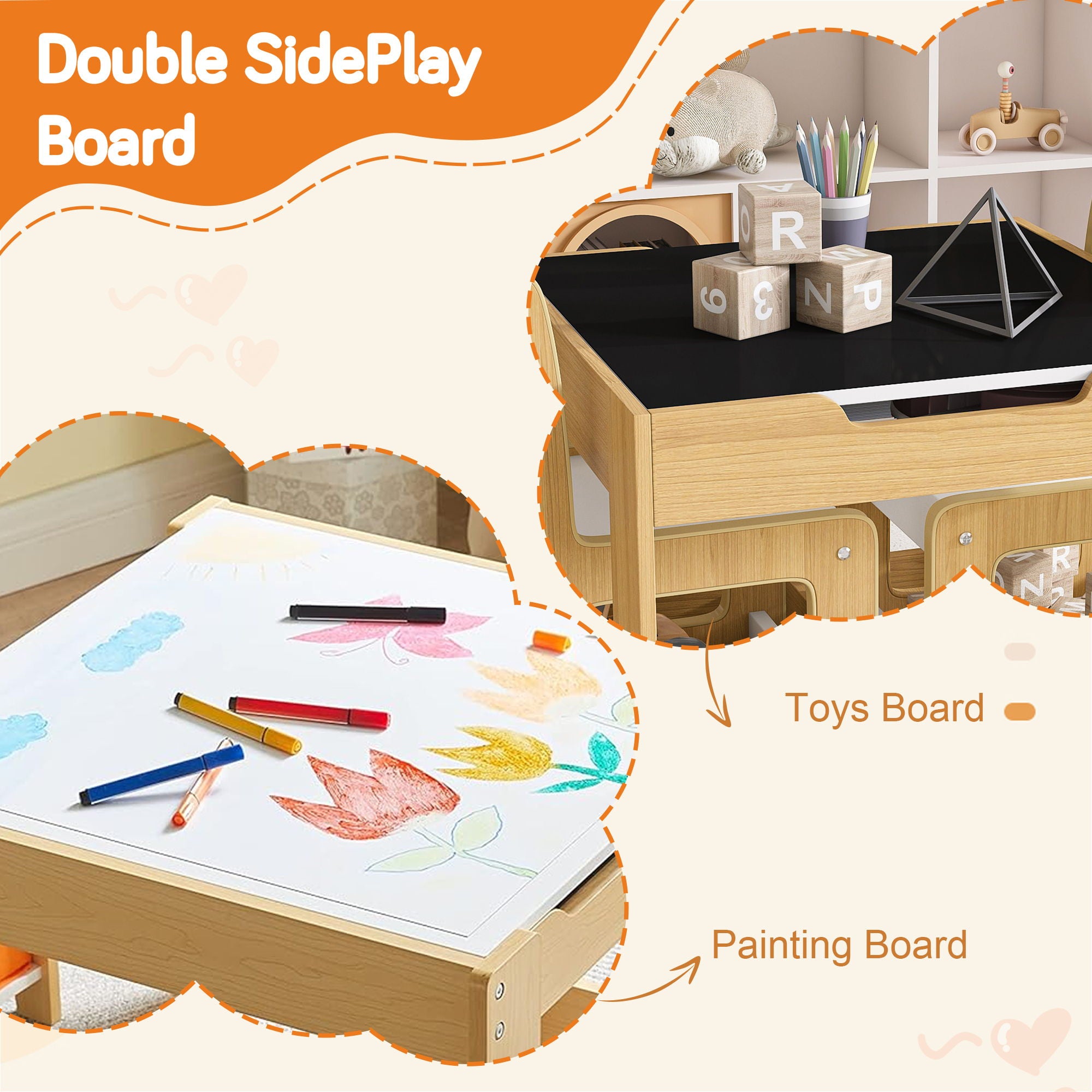 3 In 1 Kids Study Table & Chairs Set Multi Functional Activity Table With Detachable Blackboard Top - Natural Wood