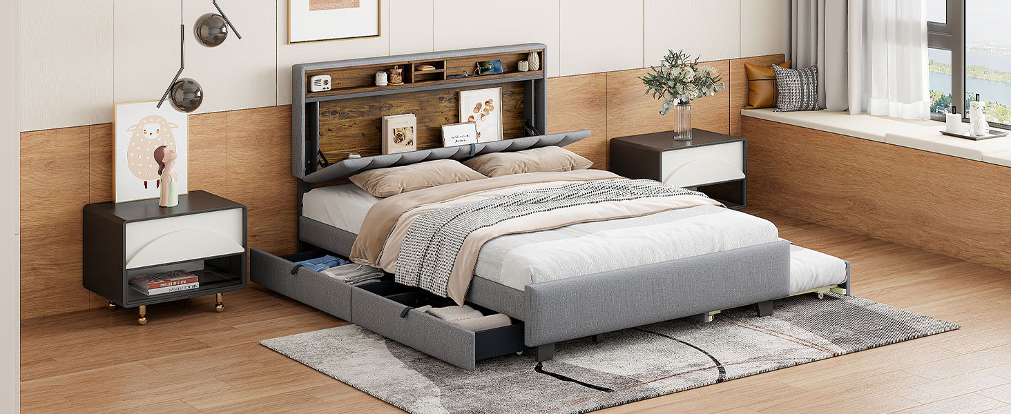 Upholstered Platform Bed With Storage Headboard, Trundle & 2 Drawers And A Set Of Sockets & USB Ports