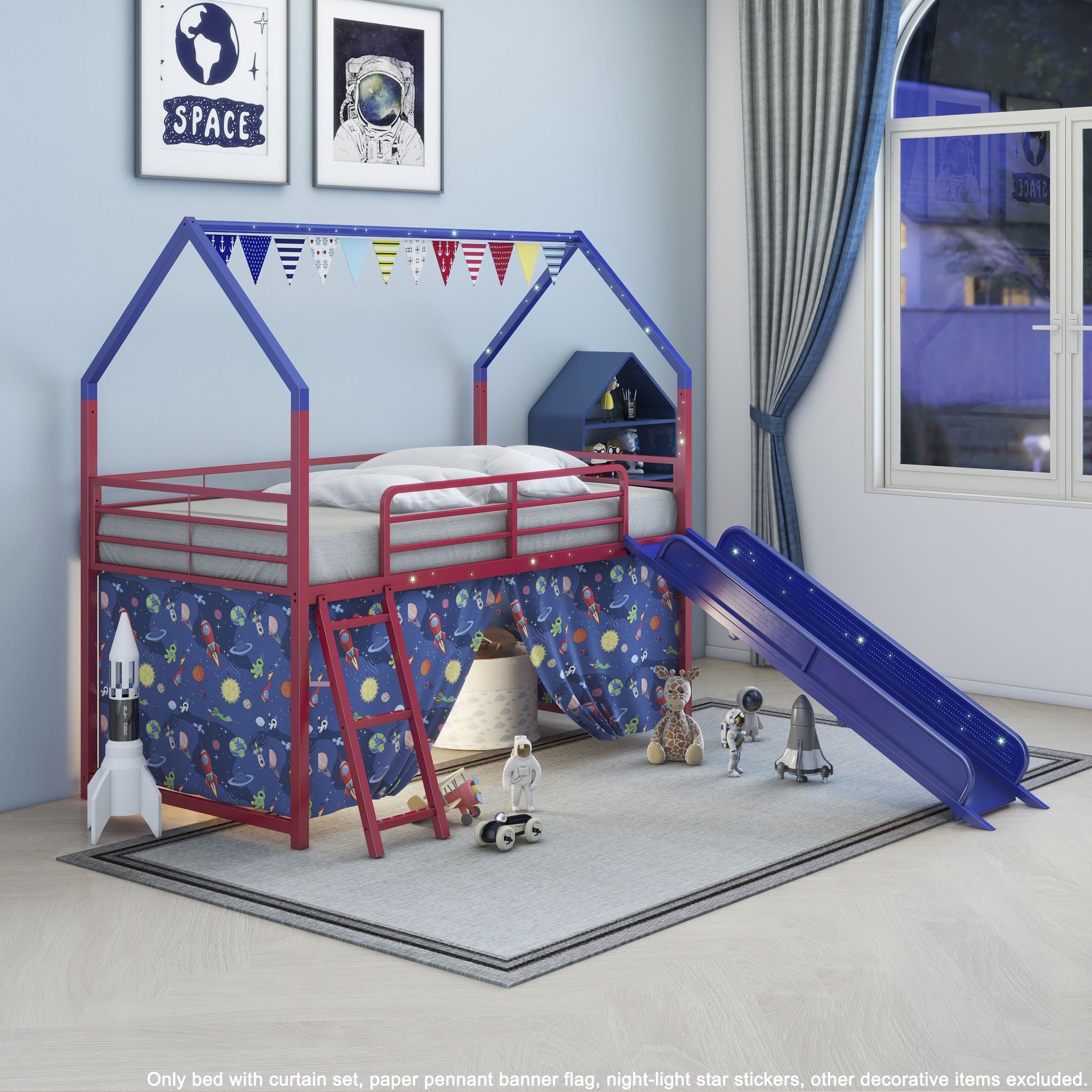 Jack - House Loft Bed With Slide And Curtain Set
