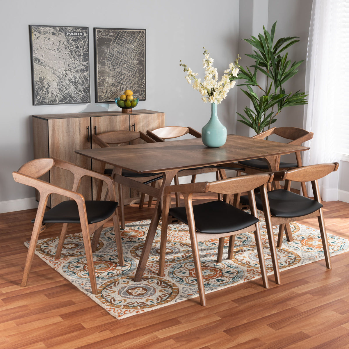 Harland Mid-Century Modern Black Faux Leather Upholstered and Walnut Brown Finished Wood 7-Piece Dining Set