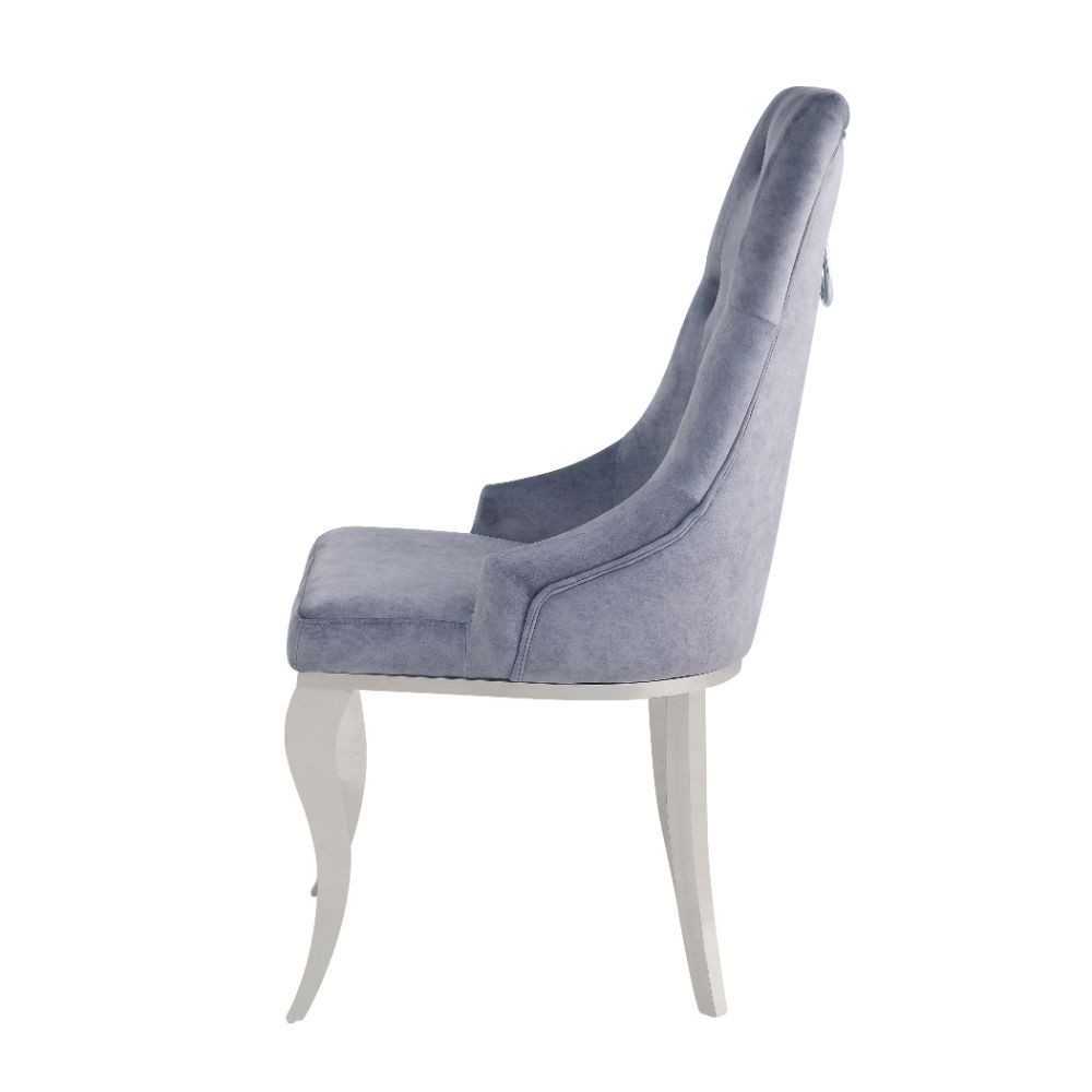 Dining Chair (High Back) • Stationary Seat: Standard Dining Height • Padded SEAT & BACK: Fabric () • Stainless Steel Apron Seat • Padded Backrest (Inside Button Tufted, Outside Ring) • [sc] • Stainless Steel Cabriole Leg • Sloped Low Armrest: Padded