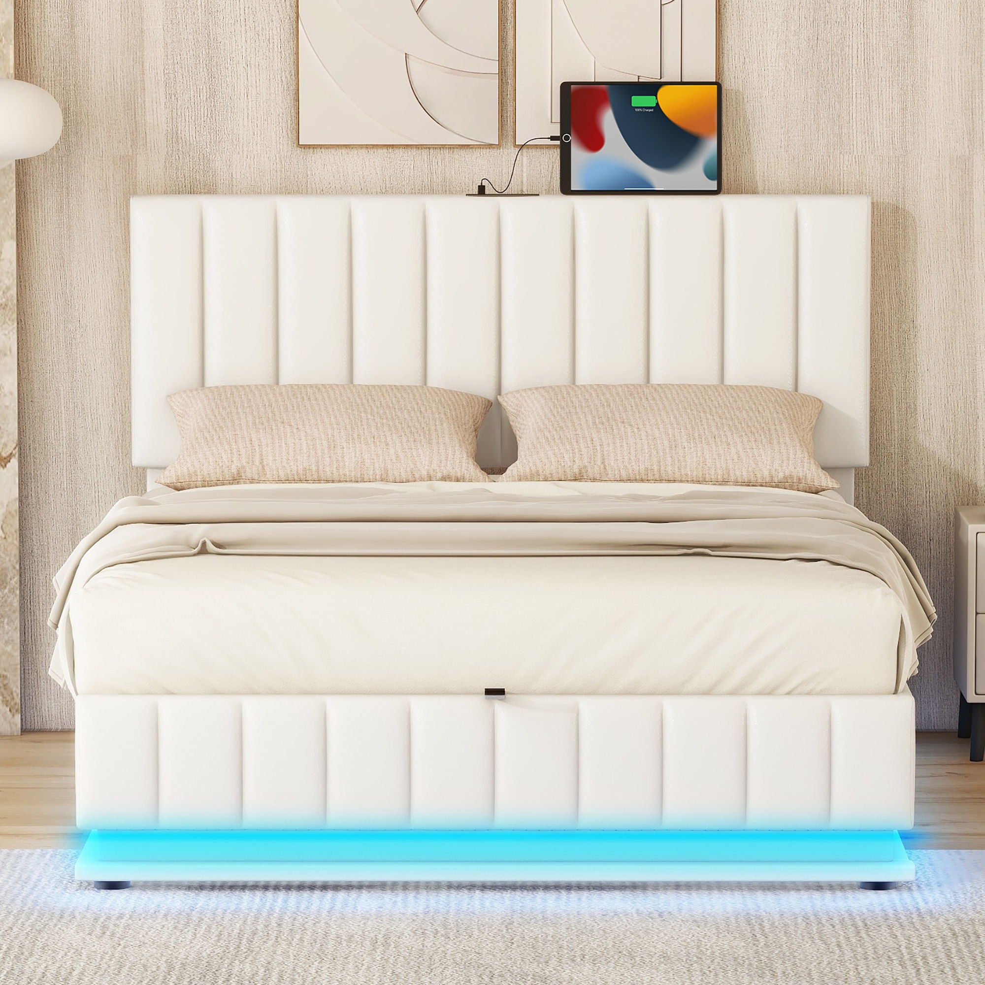 Upholstered Bed With Hydraulic Storage System And LED Light, With Sockets And USB Ports