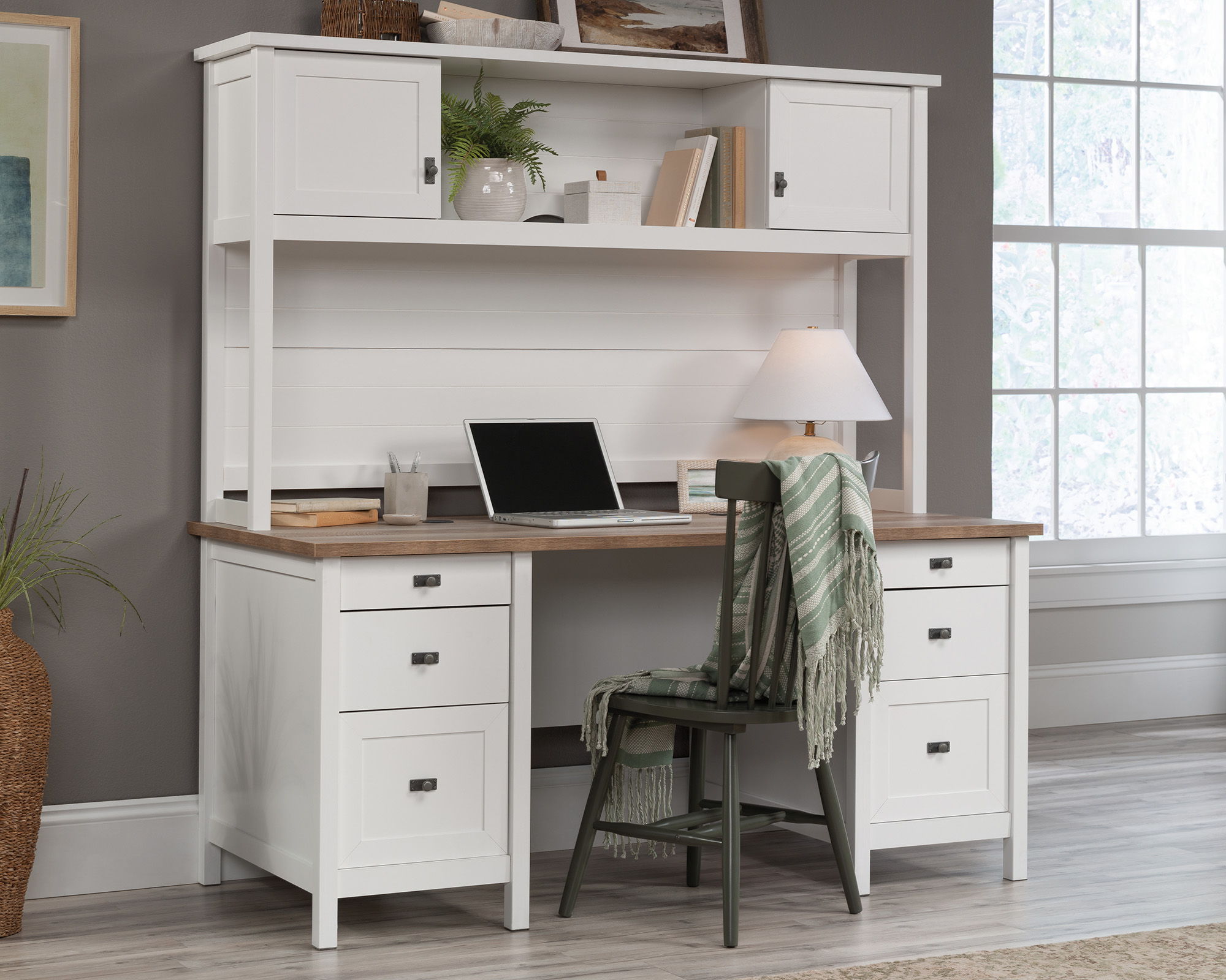 White Executive Pedestal Desk with Hutch Bundle
