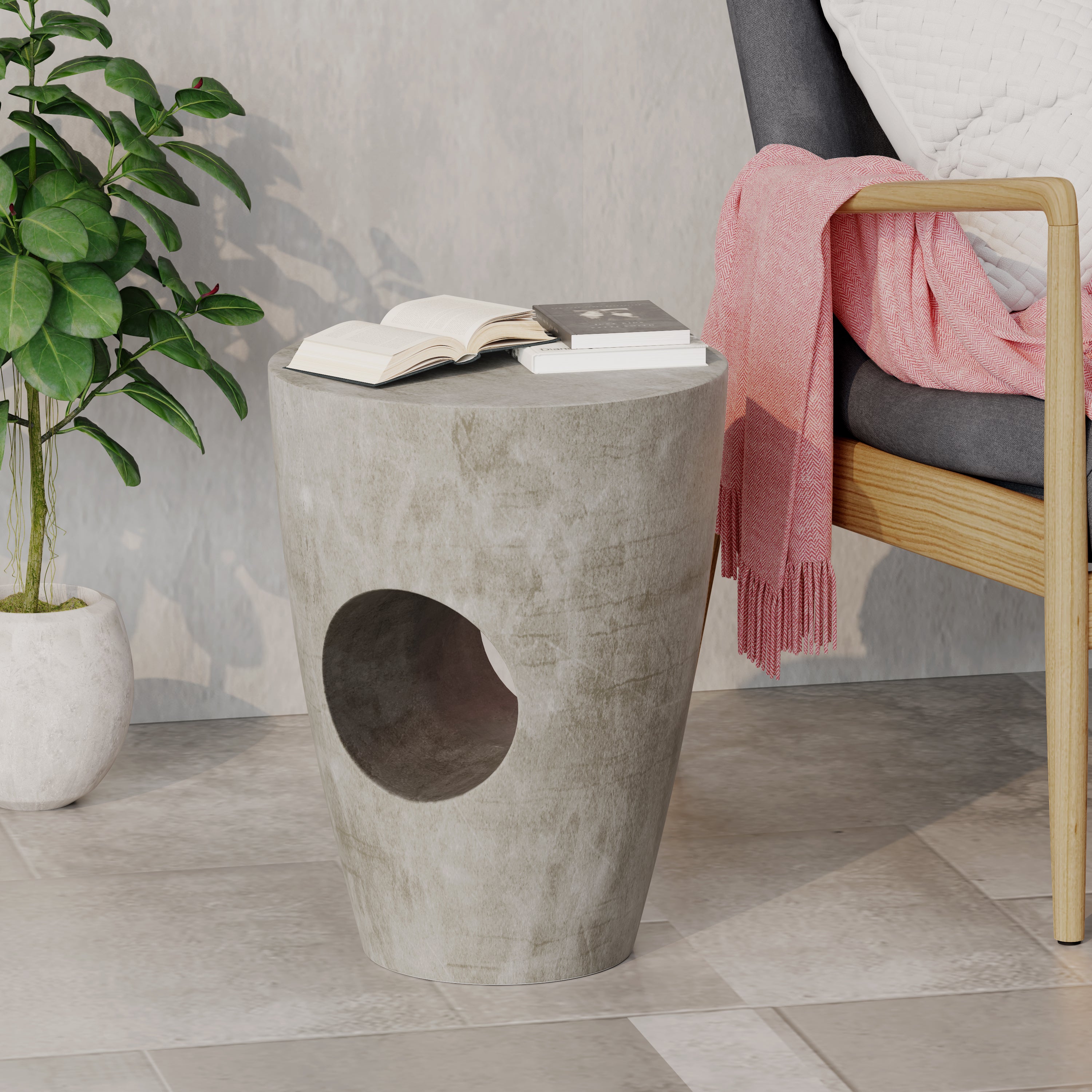 Modern Minimalist Outdoor or Indoor Side Table with Sculptural Hollow Design