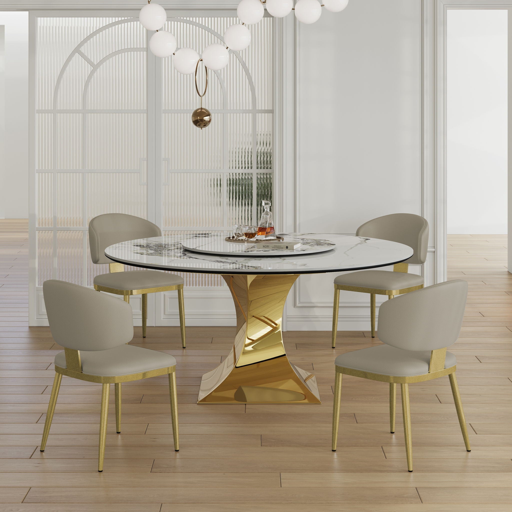 Luxury Round 59" Sintered Stone Dining Table With Stainless Steel Hourglass Base, Scratch & Heat Resistant Surface - Golden / White