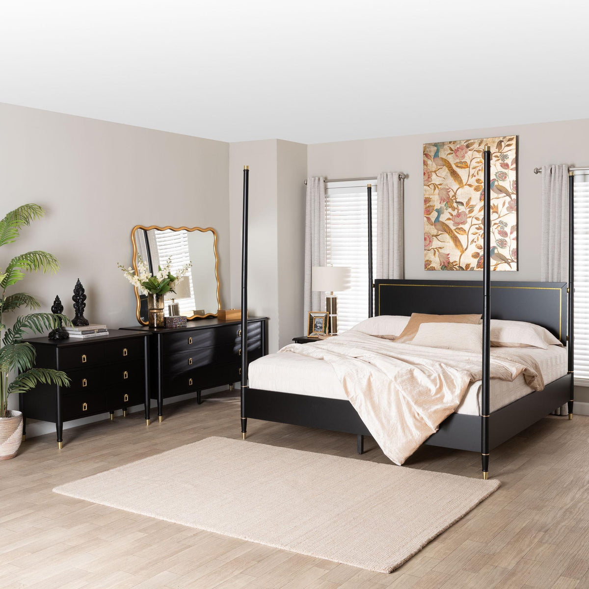 Tamra Four-Poster Platform Bedroom Set - Black Wood Bed Frame with Matching Dresser, Chest and Nightstand, Modern Transitional Bedroom Furniture, King