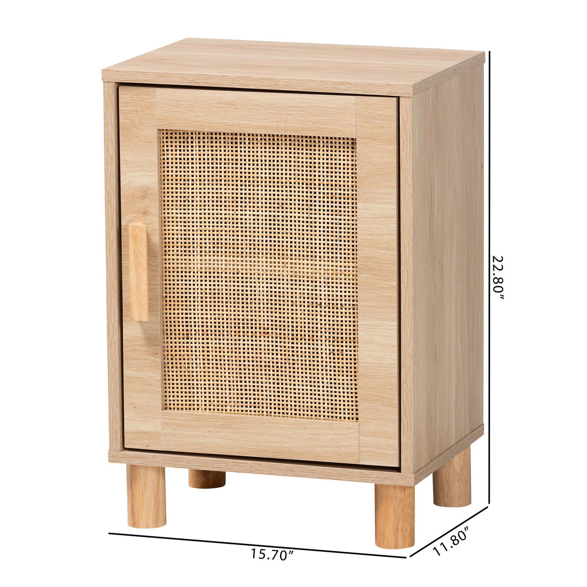 Maclean Mid-Century Modern Rattan and Natural Brown Finished Wood 1-Door End Table